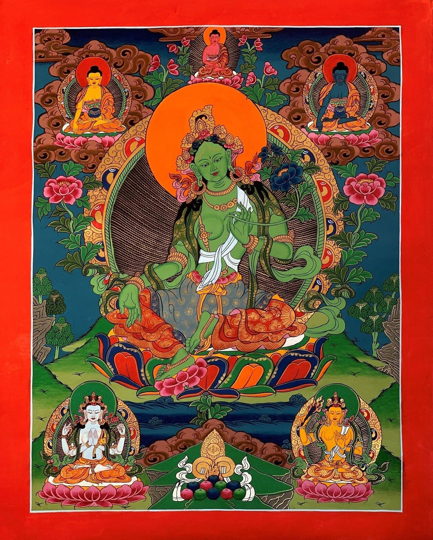 Original Hand-painted Green Tara Shyamatara Mother Goddess Tibetan Thangka Painting -  Good Fortune Prosperity