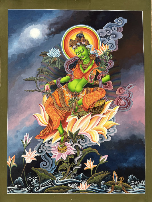 Original Hand-painted Very High-Quality Masterpiece Green Tara/ Shyamtara Newari  Paubha/ Pauva/ Thangka Painting Compassion Meditation Art