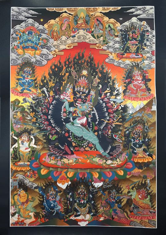 Hand Painted Original Large 24k Gold Yamantaka with Consort Master Quality Tibetan Thangka Painting/ Wall hanging/ Compassion Meditation Art