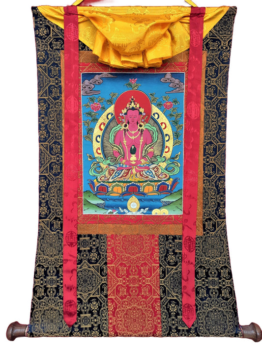 Original Hand Painted  Buddha Amitayus/Aparmita Compassion / Meditation Tibetan Thangka / Thanka  Painting With premium Silk Brocade