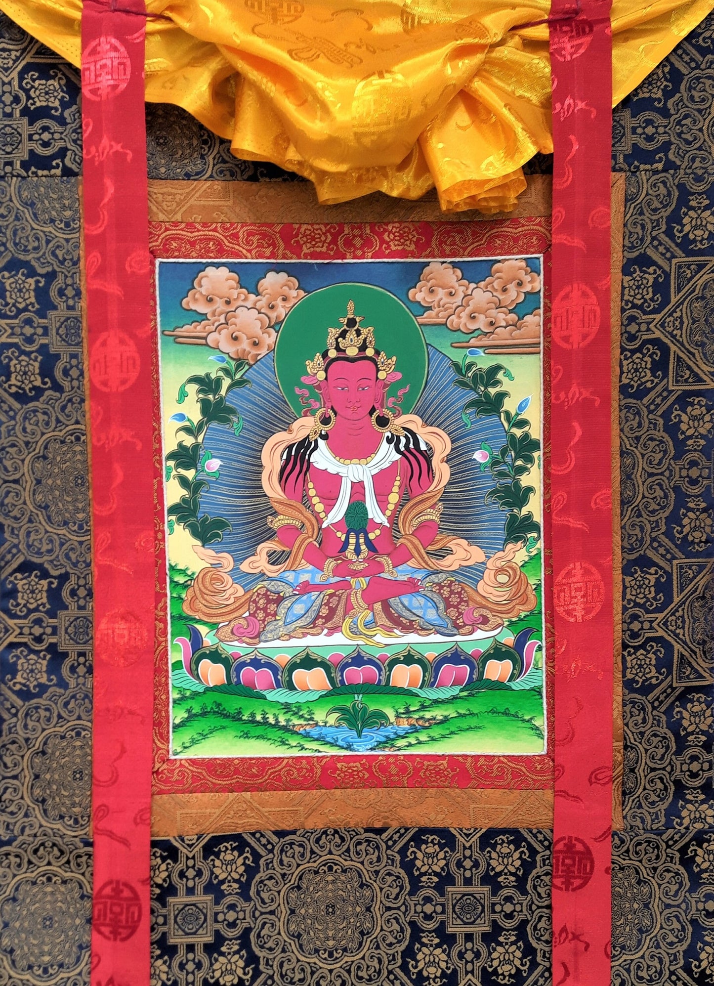 Original Hand Painted Buddha Aparmita/ Amitayus, Compassion / Meditation Tibetan Thangka / Thanka  Painting With Silk Framed  From Nepal