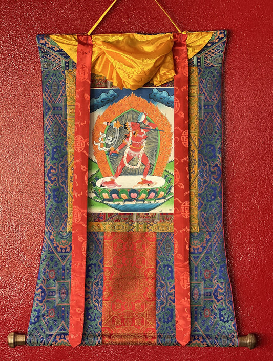 Original Hand-Painted Vajrayogini/ Yogini Ma/Dakini Tibetan Thangka Painting with Premium Silk Brocade