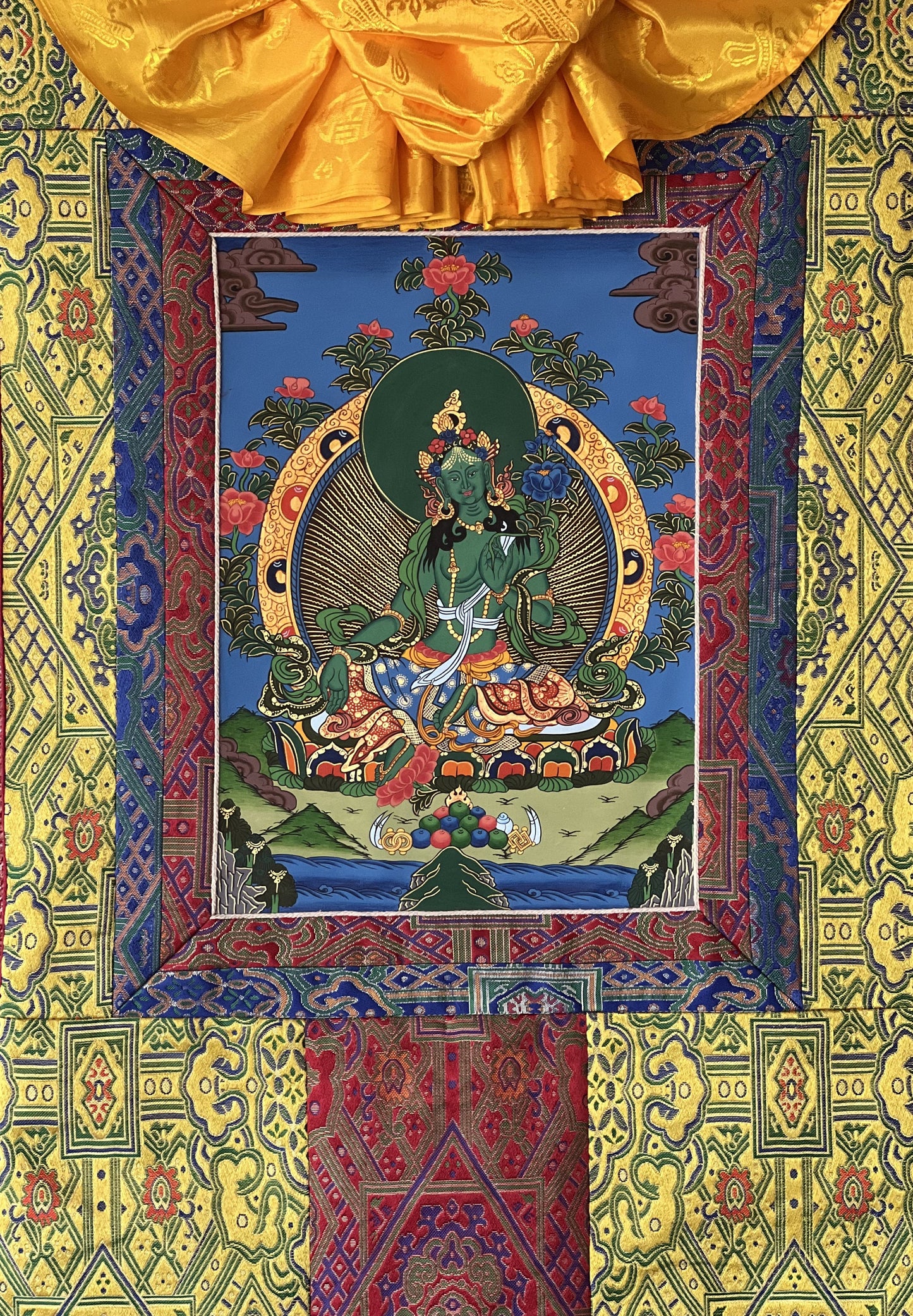 Original Hand-painted Green Tara  Mother Goddess Shyamatara Tibetan Thangka Painting with High-Quality Silk Brocade