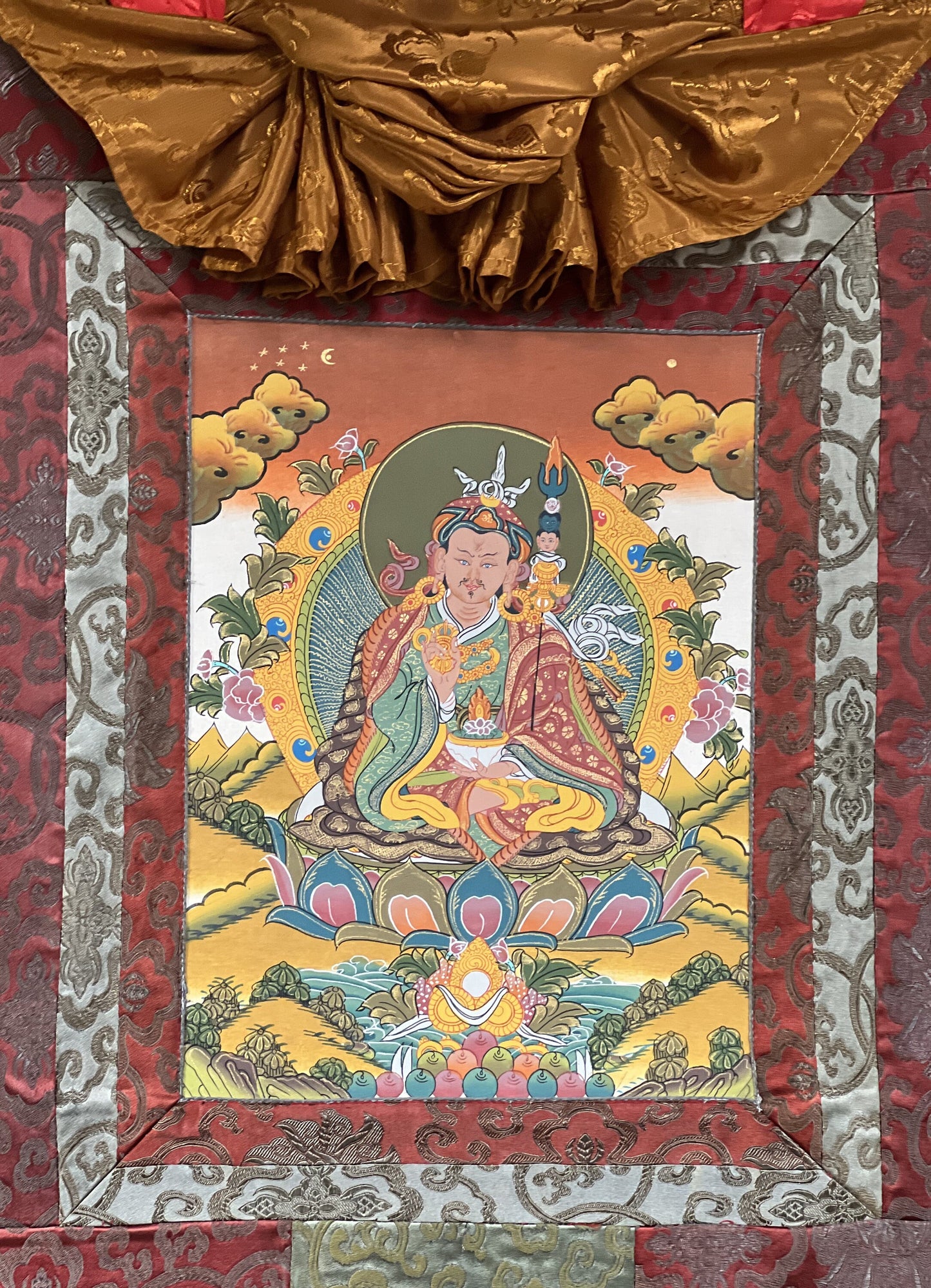 Original Hand-painted Padmasambhava Guru Rinpoche Tibetan Thangka/Thanka Painting with Silk Brocade