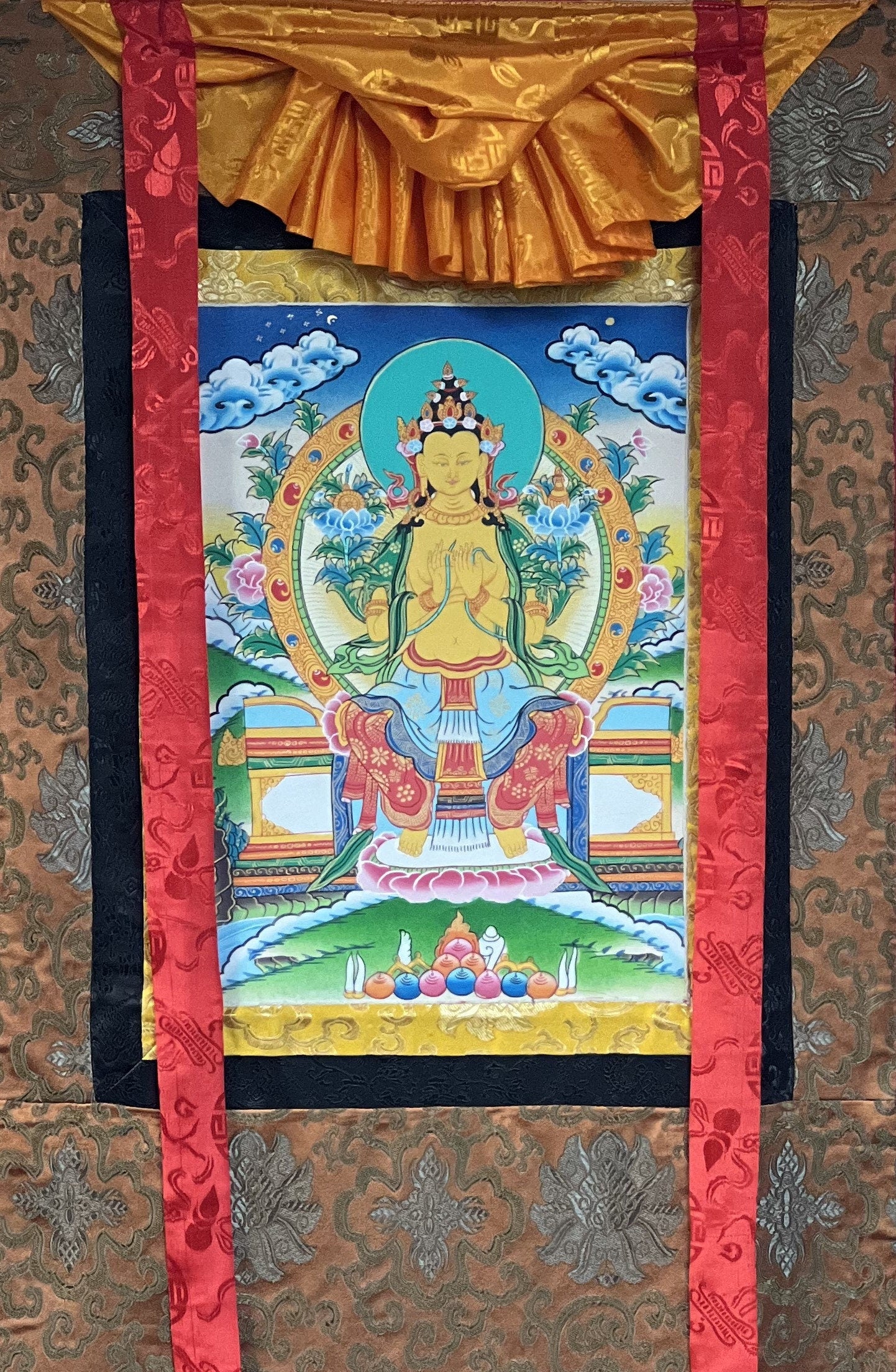 Original Hand-Painted Maitreya / Future Buddha High-Quality Tibetan Thangka Painting with Traditional  Silk Brocade