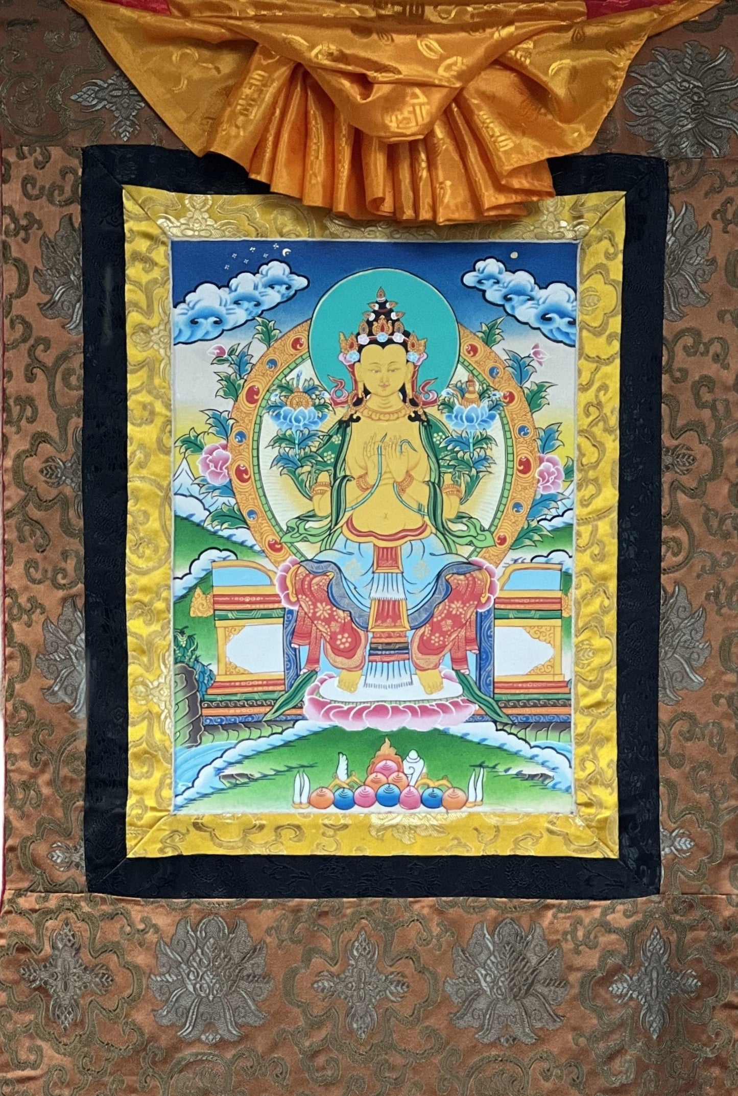 Original Hand-Painted Maitreya / Future Buddha High-Quality Tibetan Thangka Painting with Traditional  Silk Brocade