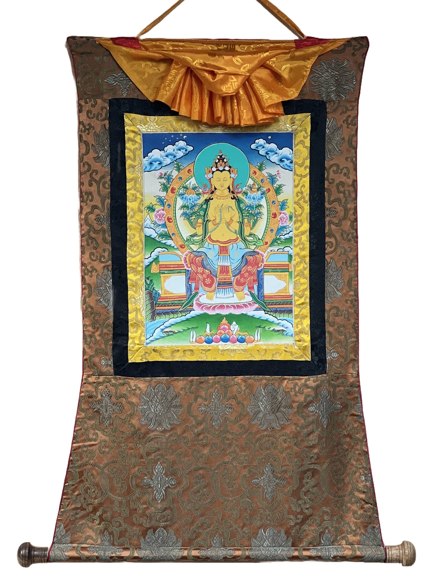 Original Hand-Painted Maitreya / Future Buddha High-Quality Tibetan Thangka Painting with Traditional  Silk Brocade