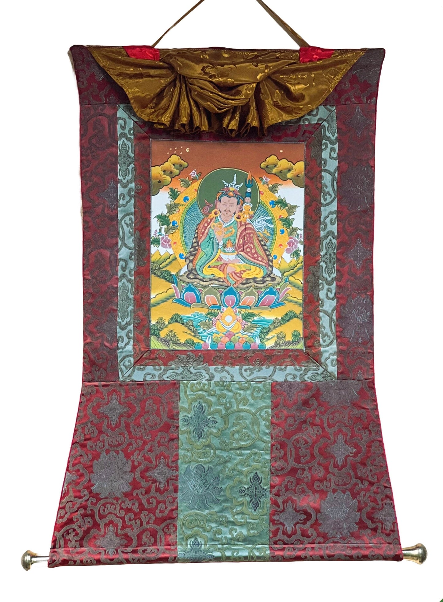 Original Hand-painted Padmasambhava Guru Rinpoche Tibetan Thangka/Thanka Painting with Silk Brocade