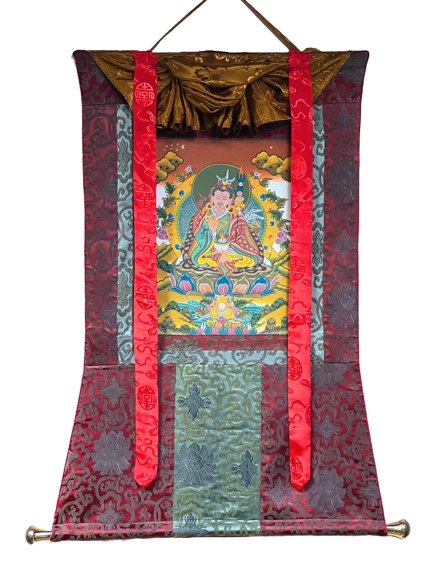 Original Hand-painted Padmasambhava Guru Rinpoche Tibetan Thangka/Thanka Painting with Silk Brocade