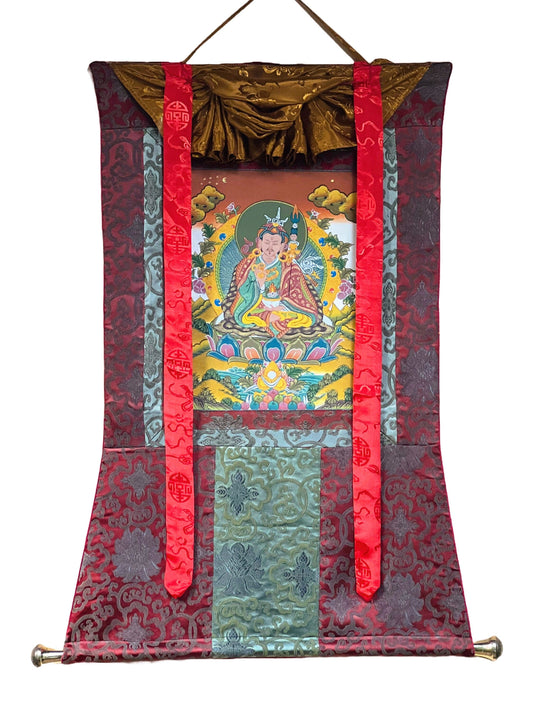 Original Hand-painted Padmasambhava Guru Rinpoche Tibetan Thangka/Thanka Painting with Silk Brocade