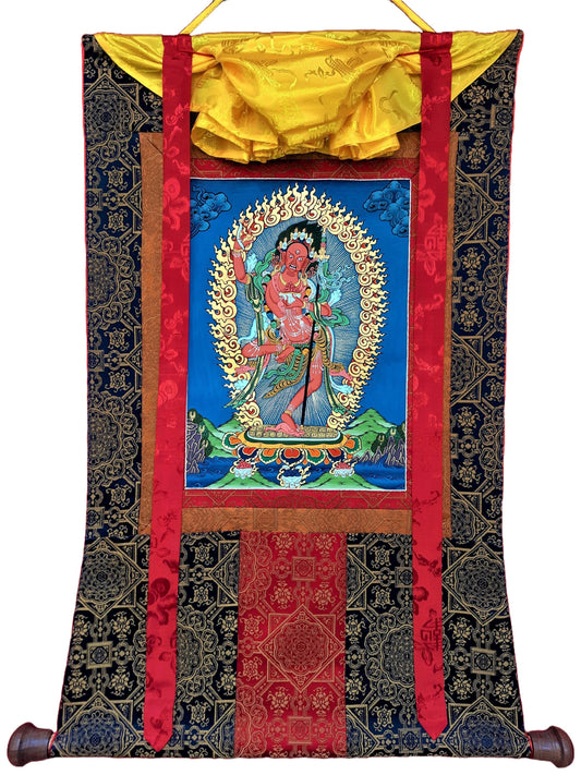 Original Hand Painted VAJRAVARAHI JOGINI / Dorje Phagmo Female Buddha Tibetan Meditation Thangka / Thanka Painting with Silk Frame