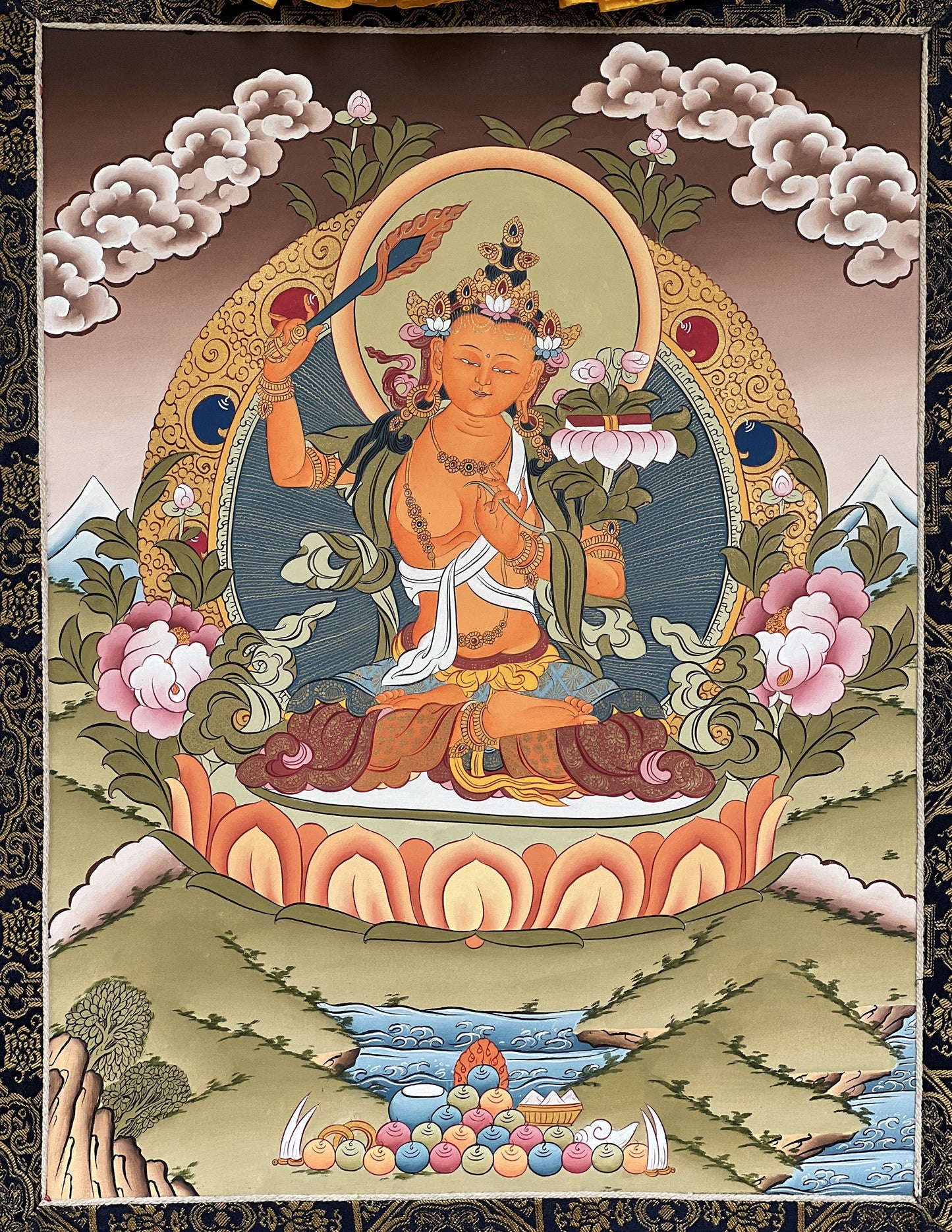 Original Hand Painted Manjushri / Manjushree God Of Wisdom / Compassion Meditation / Tibetan Thangka Painting with High-Quality Silk Brocade