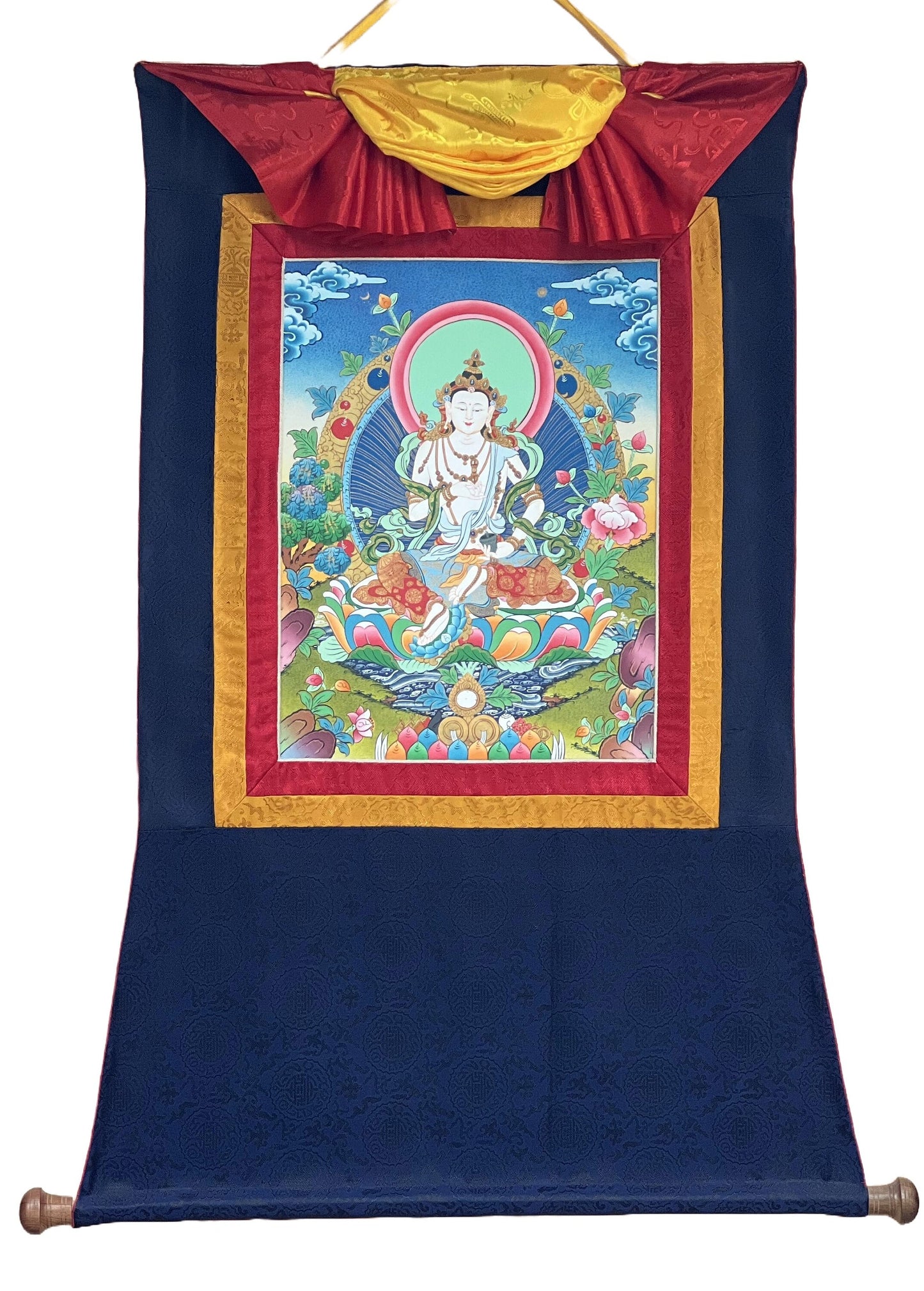 Original Hand-painted Vajrasattva/ DORJE SEMPA/ Dhyani Buddha/Purification Buddha Tibetan Thangka Painting with Premium Cotton Silk Brocade