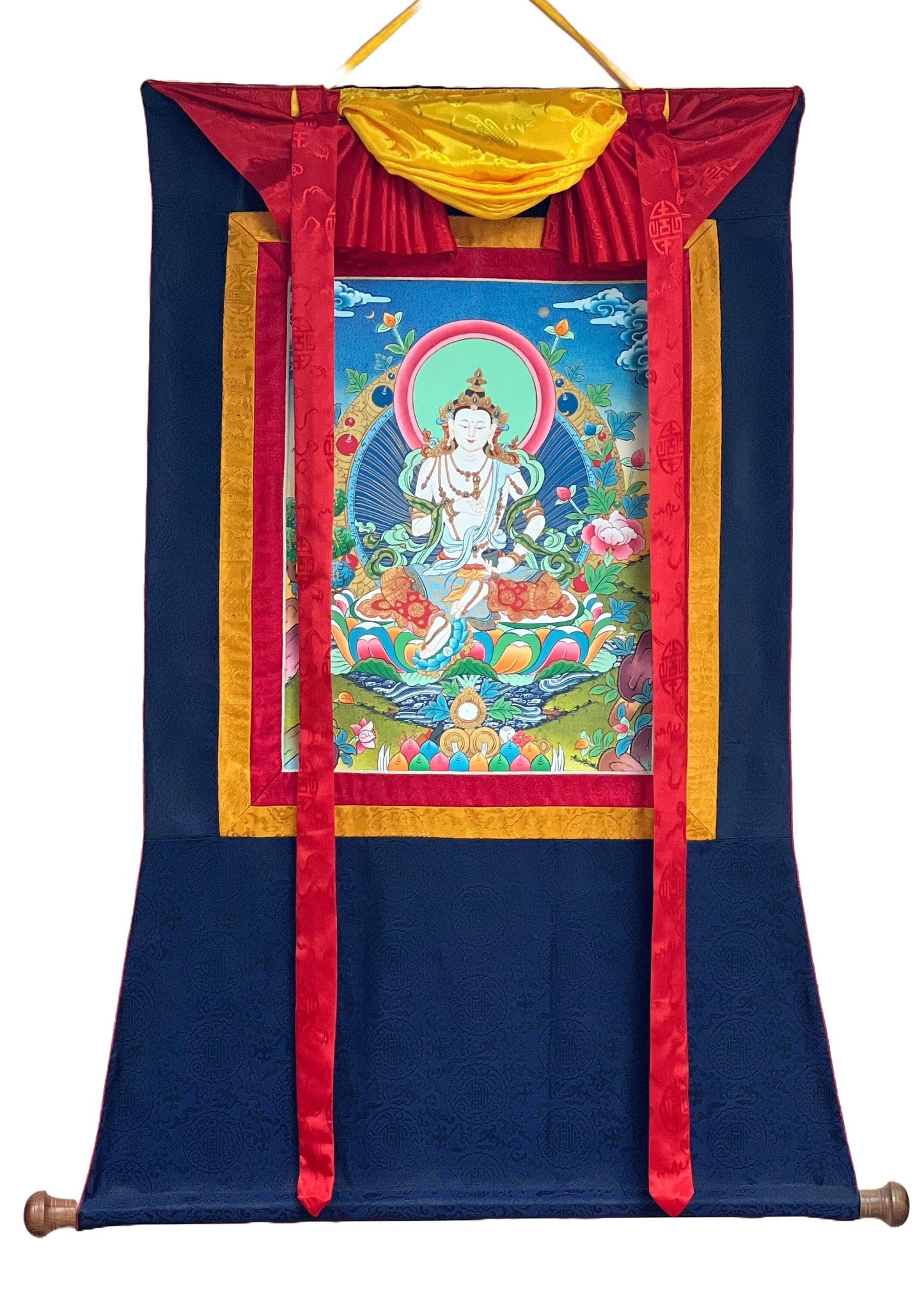 Original Hand-painted Vajrasattva/ DORJE SEMPA/ Dhyani Buddha/Purification Buddha Tibetan Thangka Painting with Premium Cotton Silk Brocade