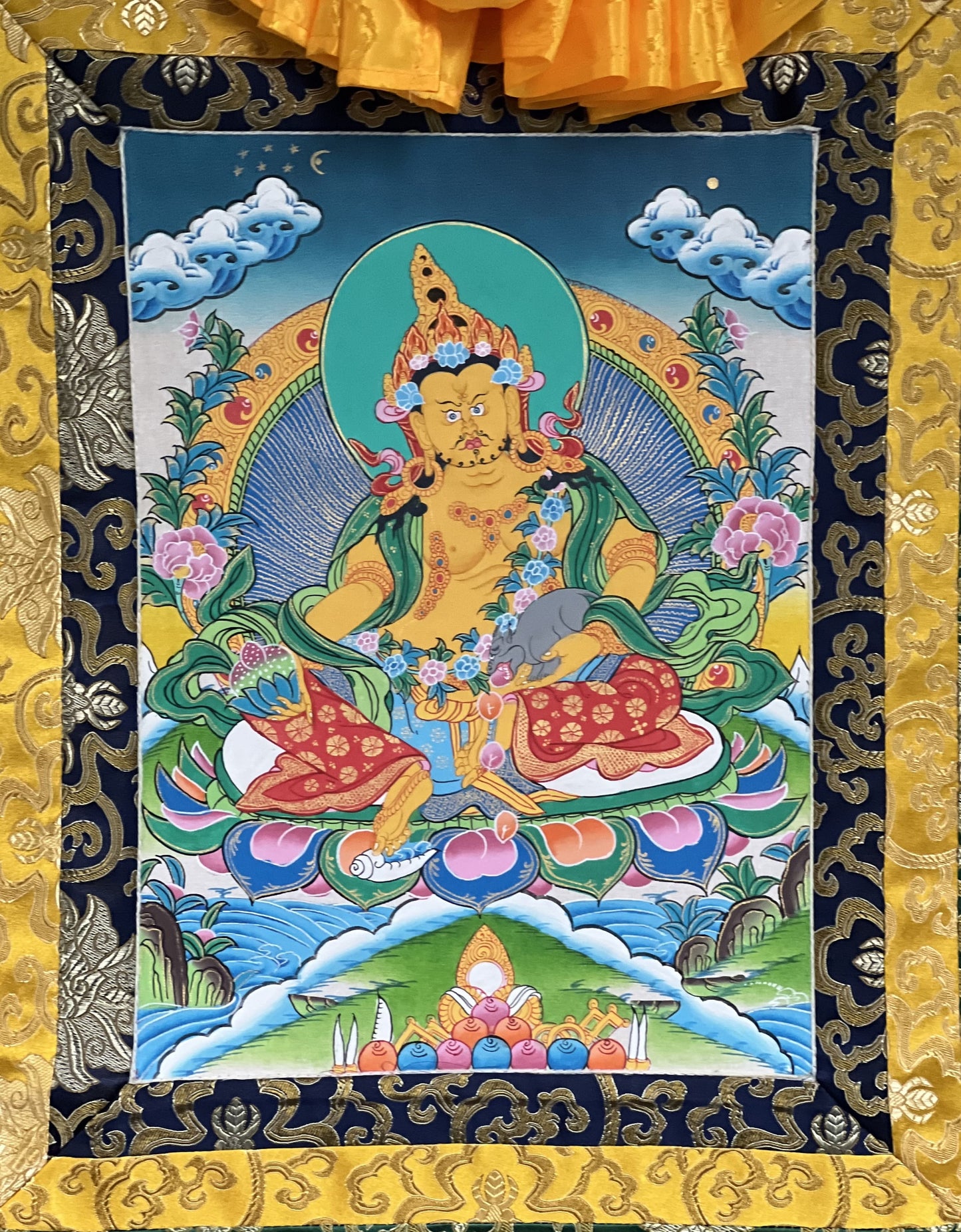 Original Hand Painted Dzambhala/Jambhala/Kubera  God Of Wealth Tibetan Compassion / Meditation Thangka / Thanka  Painting with Silk Brocade