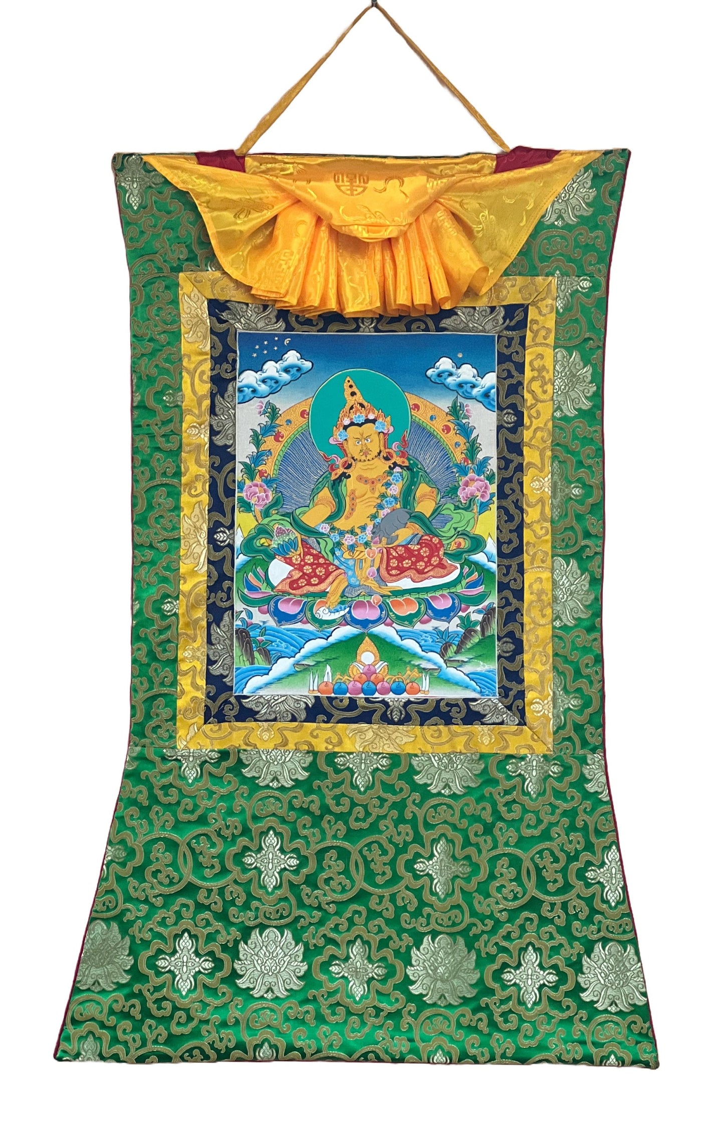 Original Hand Painted Dzambhala/Jambhala/Kubera  God Of Wealth Tibetan Compassion / Meditation Thangka / Thanka  Painting with Silk Brocade