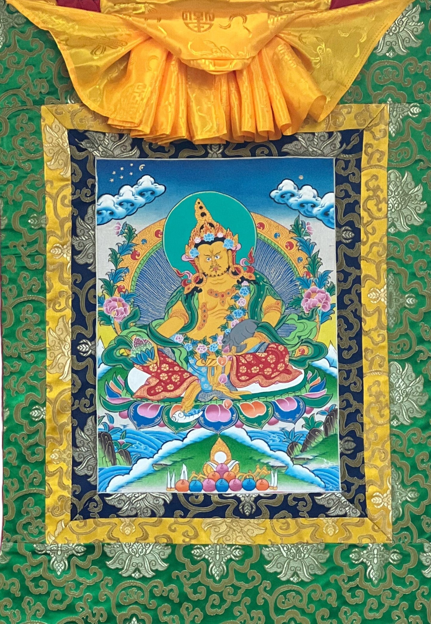 Original Hand Painted Dzambhala/Jambhala/Kubera  God Of Wealth Tibetan Compassion / Meditation Thangka / Thanka  Painting with Silk Brocade