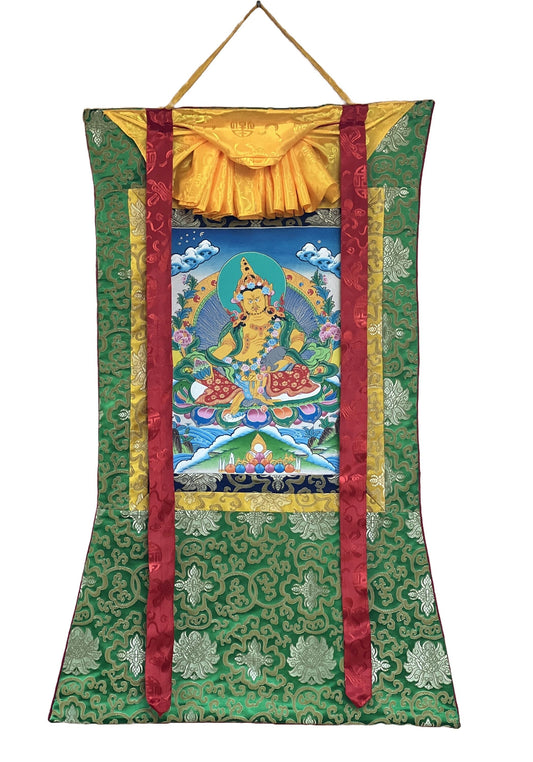 Original Hand Painted Dzambhala/Jambhala/Kubera  God Of Wealth Tibetan Compassion / Meditation Thangka / Thanka  Painting with Silk Brocade