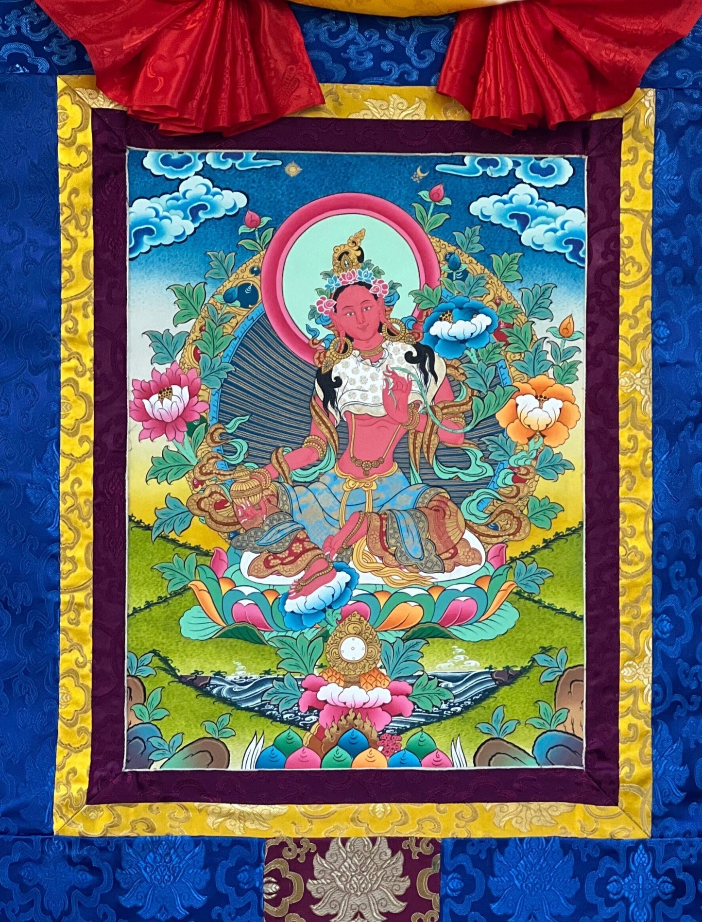 Original Hand-painted Masterpiece Red Tara Divine Mother Female Buddha Protector Tibetan Meditation Thangka Painting with Silk Brocade