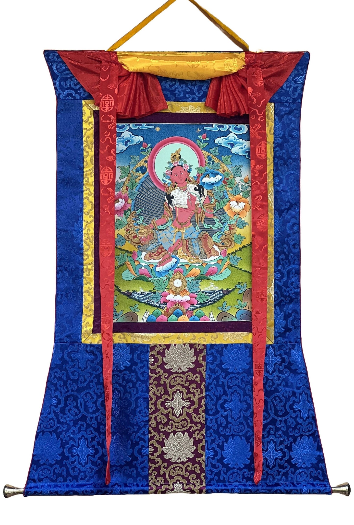 Original Hand-painted Masterpiece Red Tara Divine Mother Female Buddha Protector Tibetan Meditation Thangka Painting with Silk Brocade