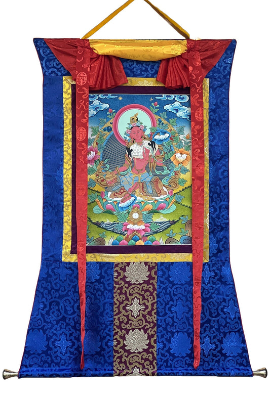 Original Hand-painted Masterpiece Red Tara Divine Mother Female Buddha Protector Tibetan Meditation Thangka Painting with Silk Brocade