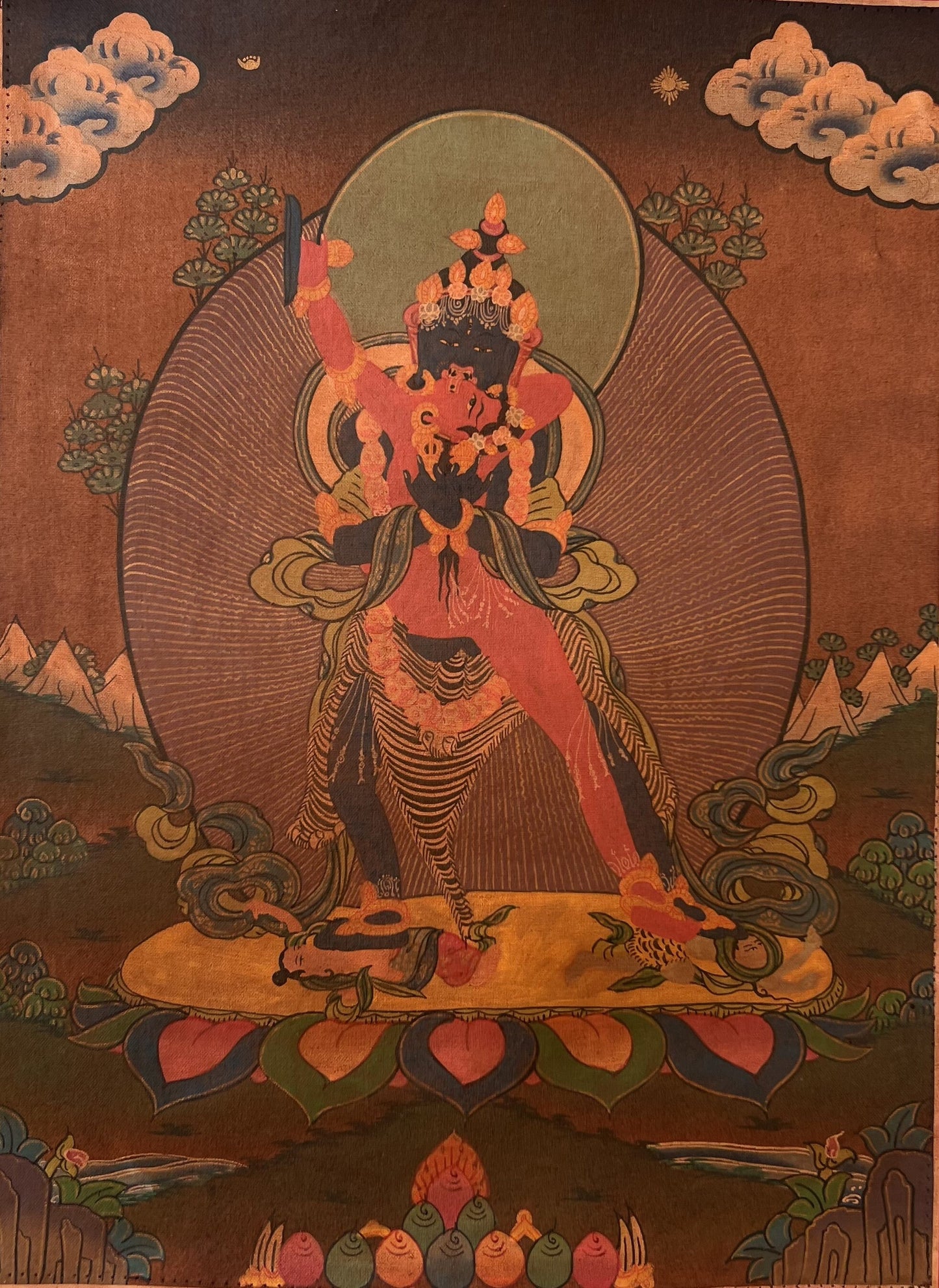 Hand-painted Original Chakrasamvara Shakti Oil-Varnished Tibetan Thangka Painting /Compassion Meditation Art with Silk Brocade