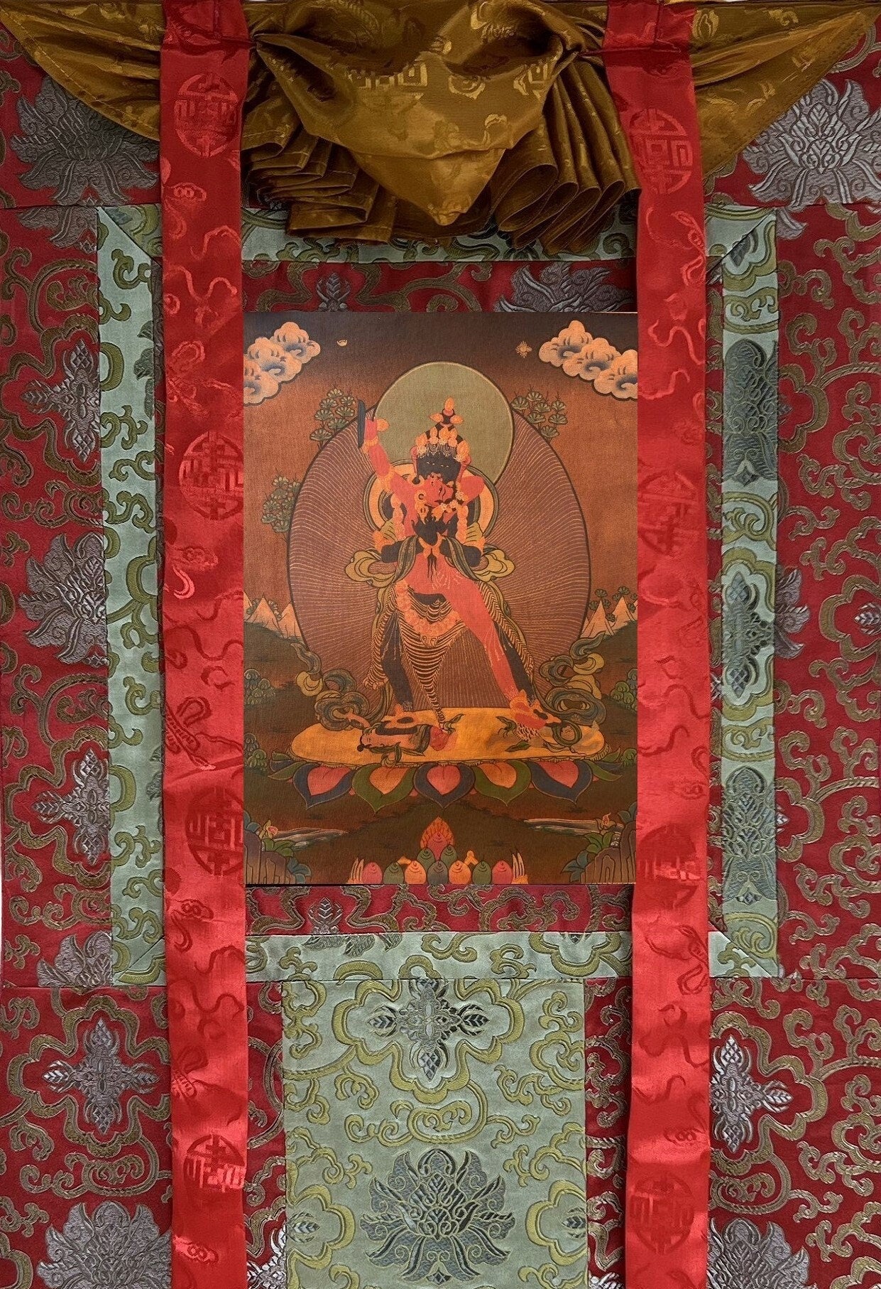 Hand-painted Original Chakrasamvara Shakti Oil-Varnished Tibetan Thangka Painting /Compassion Meditation Art with Silk Brocade