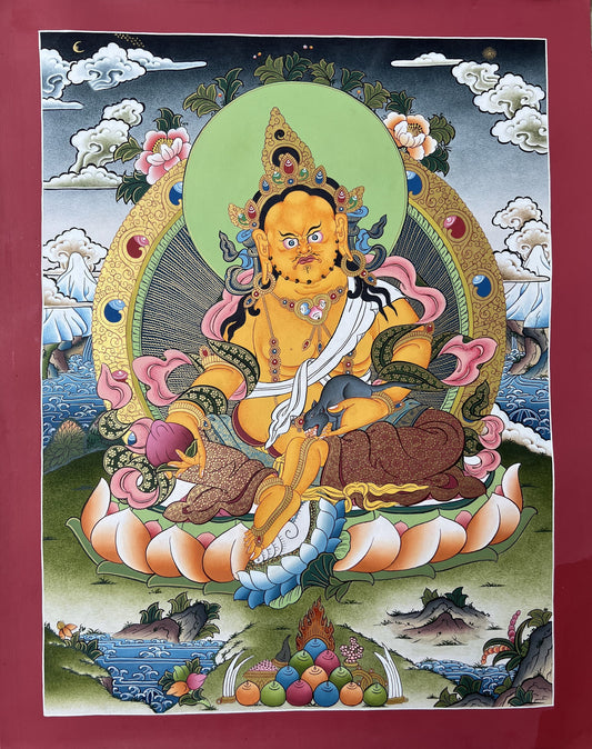 Original Hand-painted Yellow Jambhala/Zambala/ Zambhala/Kuber God of Wealth  Gold Masterpiece, Tibetan Thangka Painting