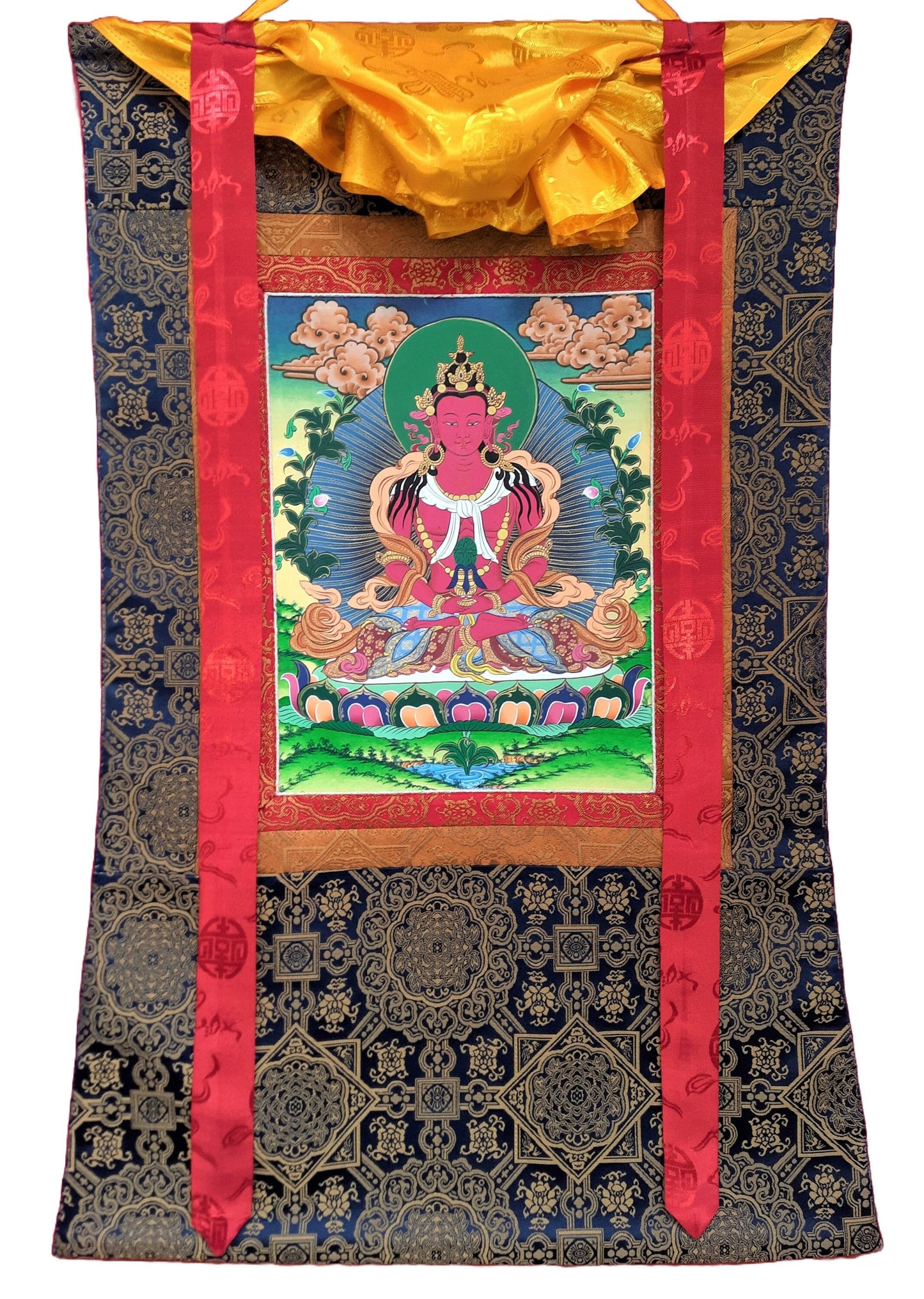 Original Hand Painted Buddha Aparmita/ Amitayus, Compassion / Meditation Tibetan Thangka / Thanka  Painting With Silk Framed  From Nepal