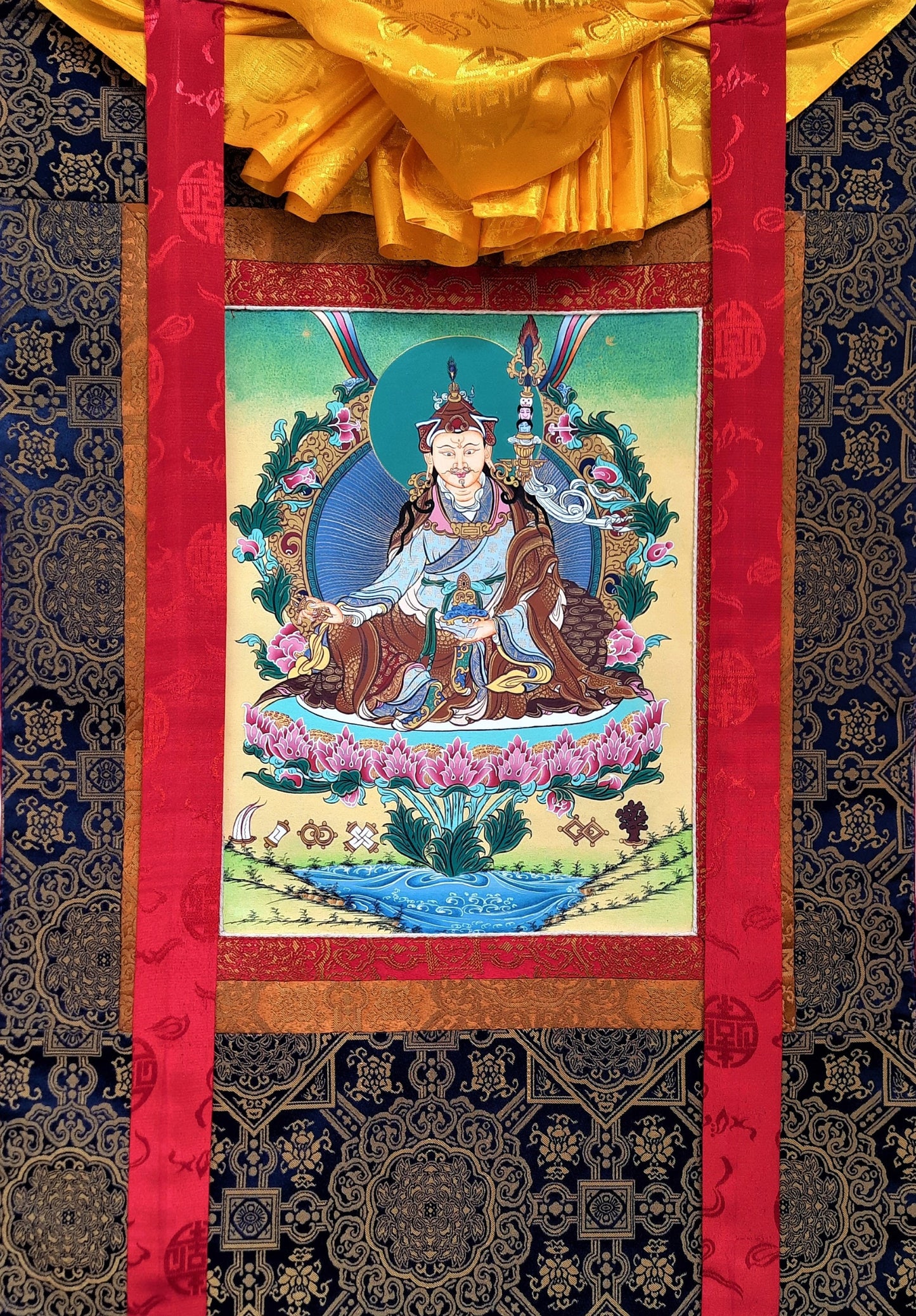 Original Hand Painted  Guru Rinpoche Padmasambhava Masterpiece 24k Gold Tibetan Thangka / Thanka  Painting With High Quality Silk Framed