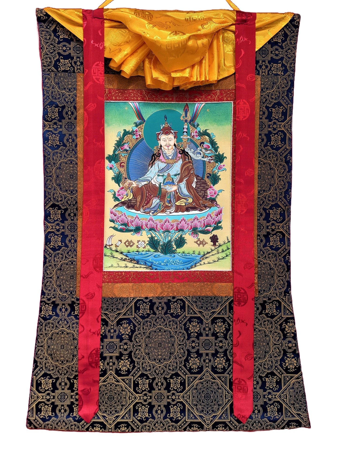 Original Hand Painted  Guru Rinpoche Padmasambhava Masterpiece 24k Gold Tibetan Thangka / Thanka  Painting With High Quality Silk Framed