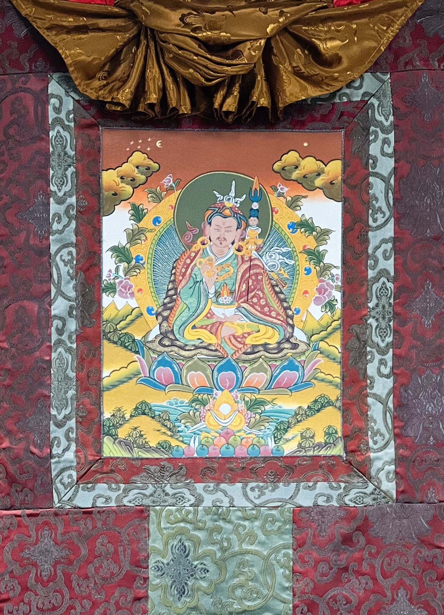 Original Hand-painted Padmasambhava Guru Rinpoche Tibetan Thangka/Thanka Painting with Silk Brocade