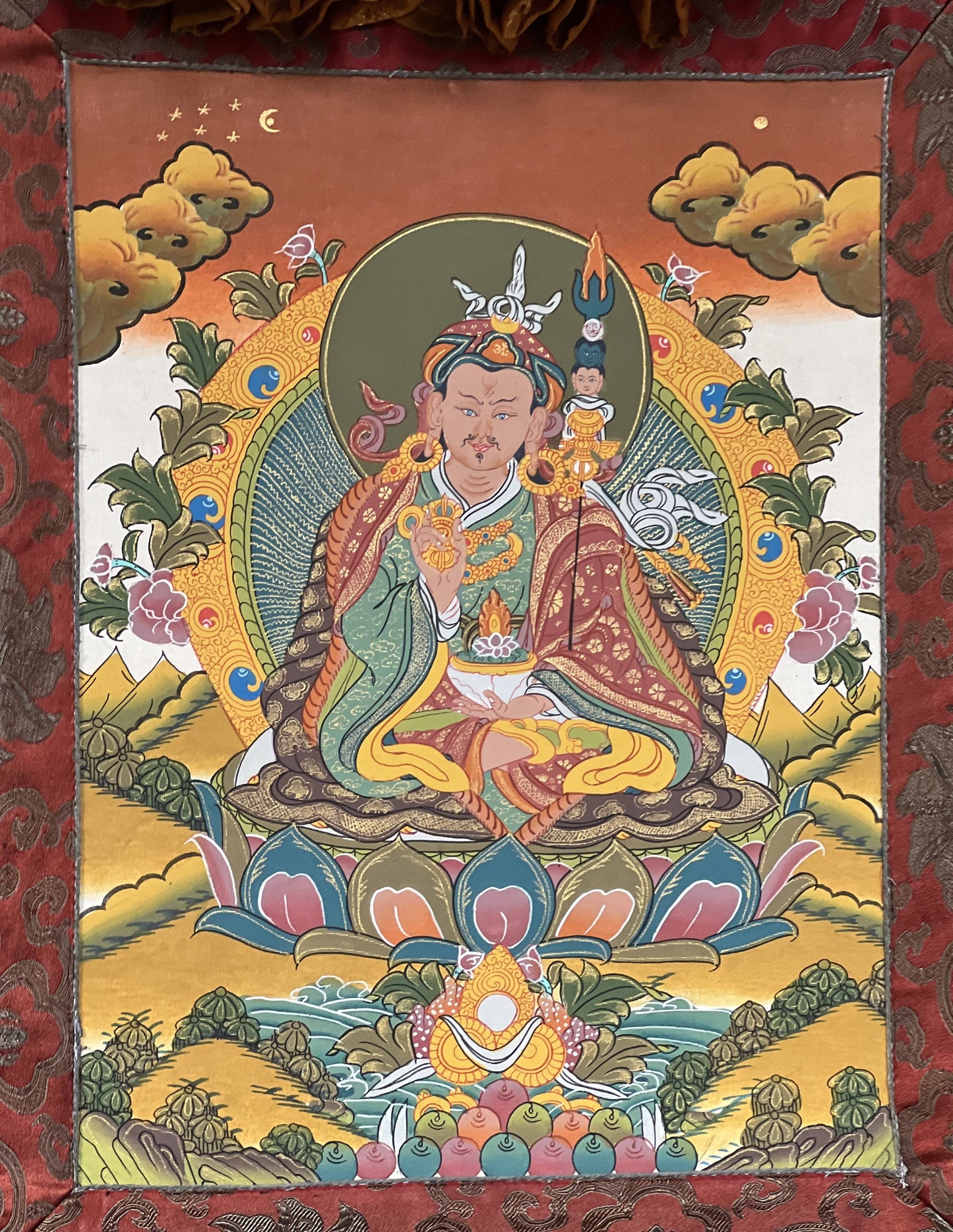 Original Hand-painted Padmasambhava Guru Rinpoche Tibetan Thangka/Thanka Painting with Silk Brocade