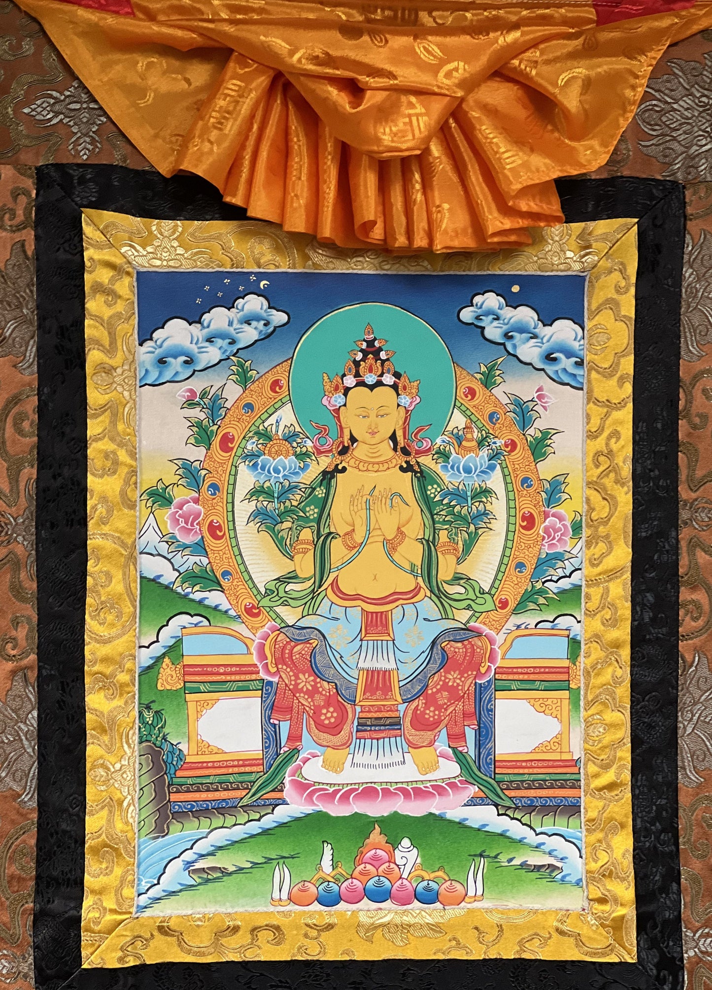 Original Hand-Painted Maitreya / Future Buddha High-Quality Tibetan Thangka Painting with Traditional  Silk Brocade