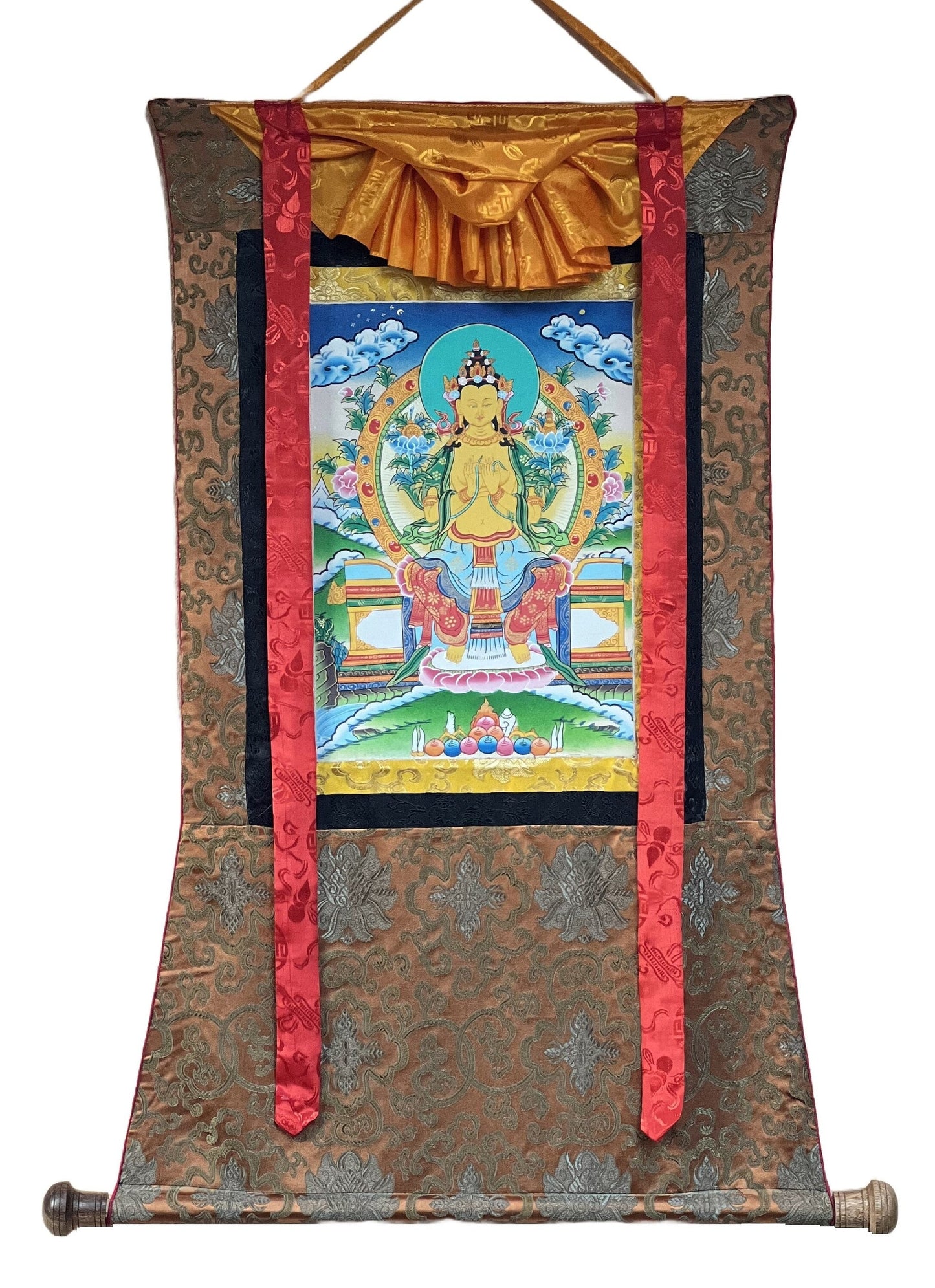 Original Hand-Painted Maitreya / Future Buddha High-Quality Tibetan Thangka Painting with Traditional  Silk Brocade