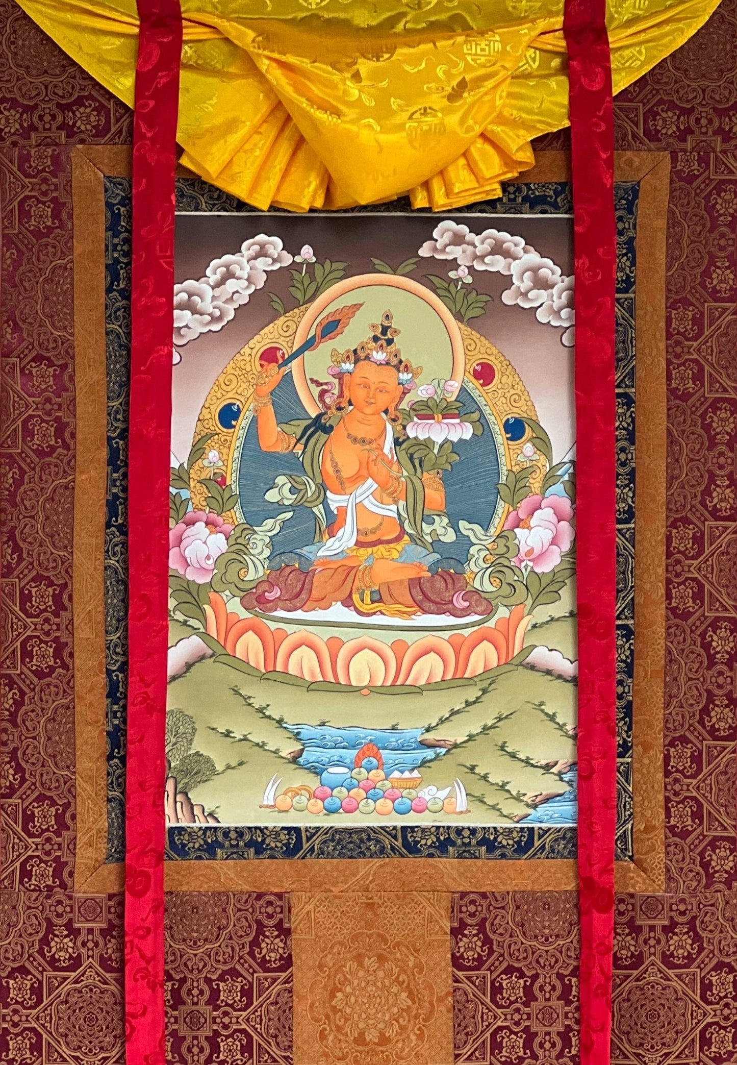 Original Hand Painted Manjushri / Manjushree God Of Wisdom / Compassion Meditation / Tibetan Thangka Painting with High-Quality Silk Brocade