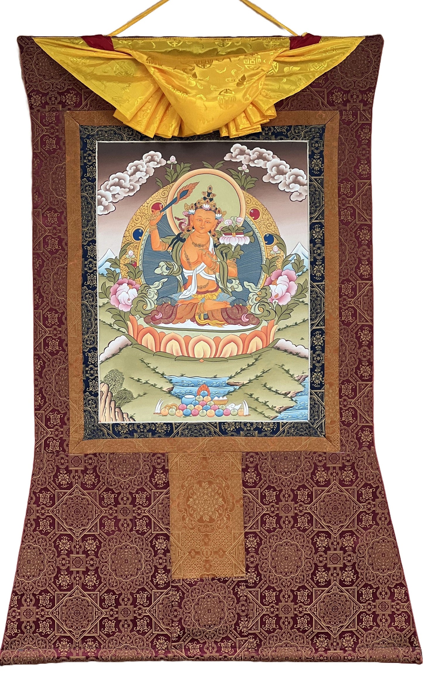 Original Hand Painted Manjushri / Manjushree God Of Wisdom / Compassion Meditation / Tibetan Thangka Painting with High-Quality Silk Brocade