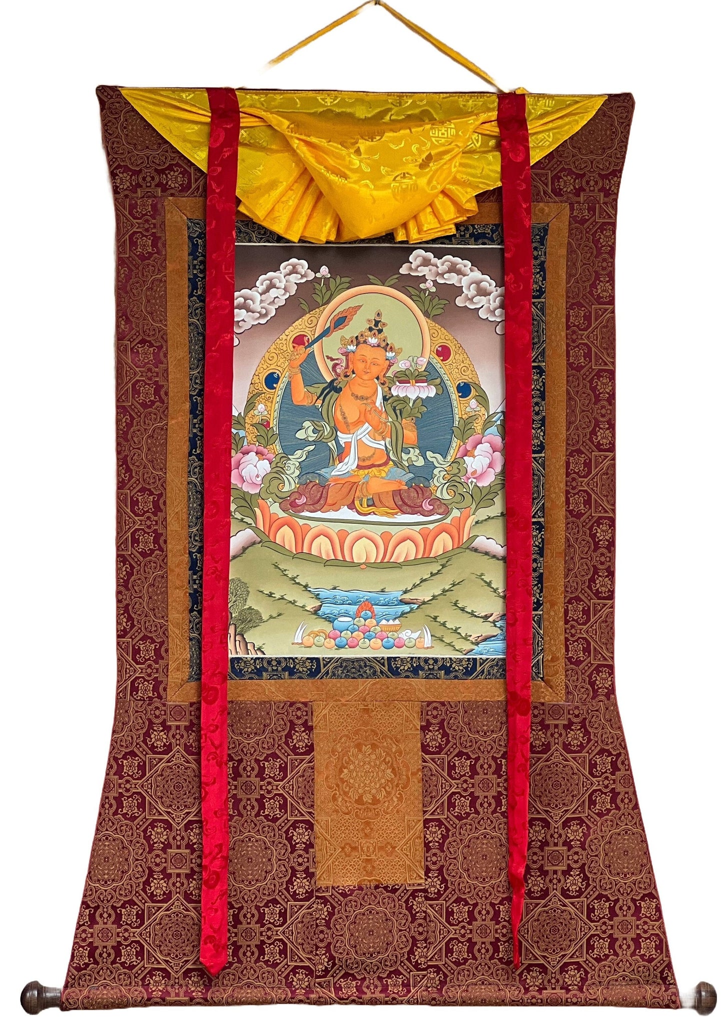 Original Hand Painted Manjushri / Manjushree God Of Wisdom / Compassion Meditation / Tibetan Thangka Painting with High-Quality Silk Brocade