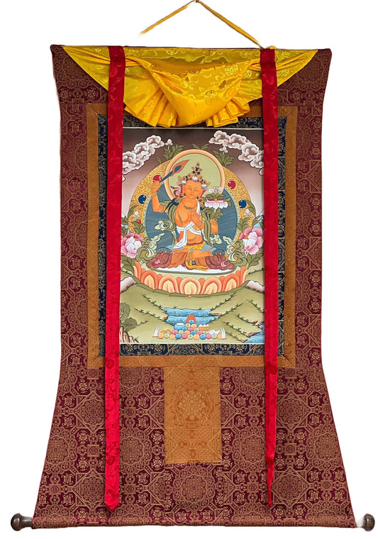 Original Hand Painted Manjushri / Manjushree God Of Wisdom / Compassion Meditation / Tibetan Thangka Painting with High-Quality Silk Brocade