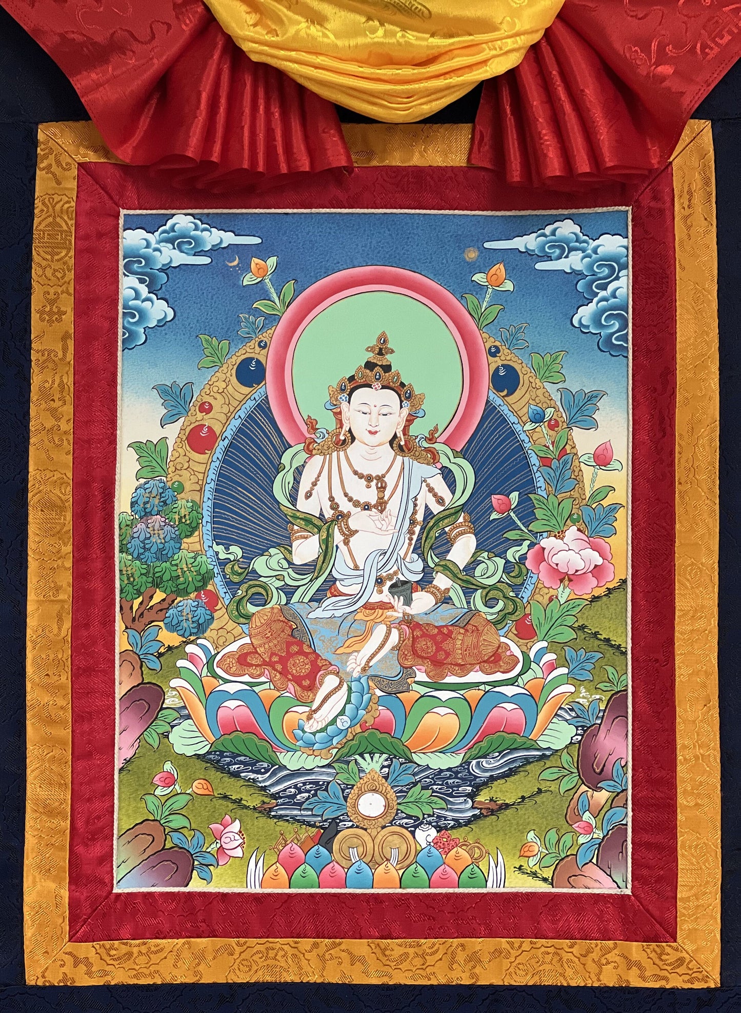 Original Hand-painted Vajrasattva/ DORJE SEMPA/ Dhyani Buddha/Purification Buddha Tibetan Thangka Painting with Premium Cotton Silk Brocade