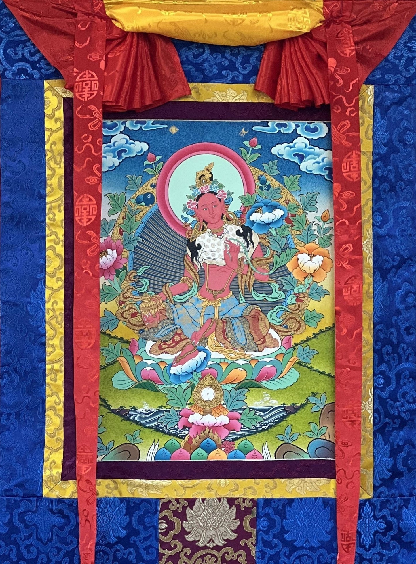 Original Hand-painted Masterpiece Red Tara Divine Mother Female Buddha Protector Tibetan Meditation Thangka Painting with Silk Brocade