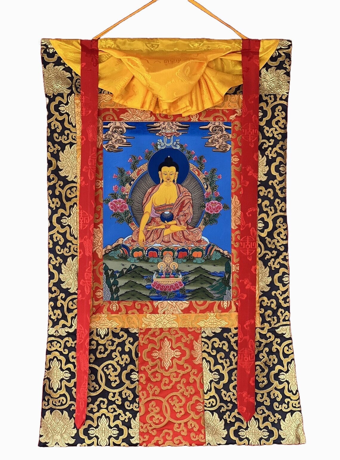 Original Hand-painted  Shakyamuni/ Gautama Buddha/ Tibetan Thangka Painting Bordered/Framed with Silk