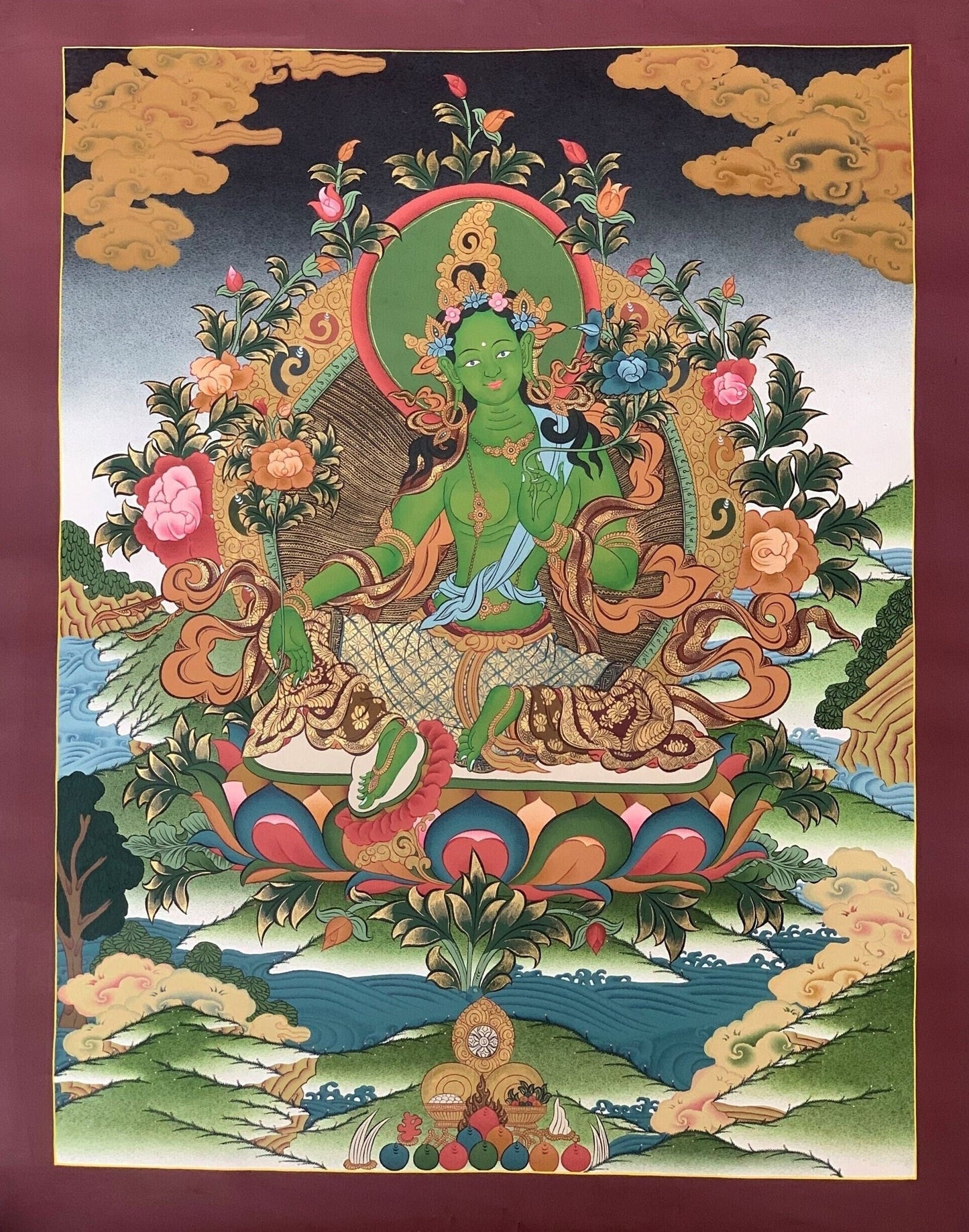 Hand-painted Original Masterpiece Green Tara Mother Goddess Tara 24k Gold Tibetan Compassion Meditation Thanka / Thangka Painting