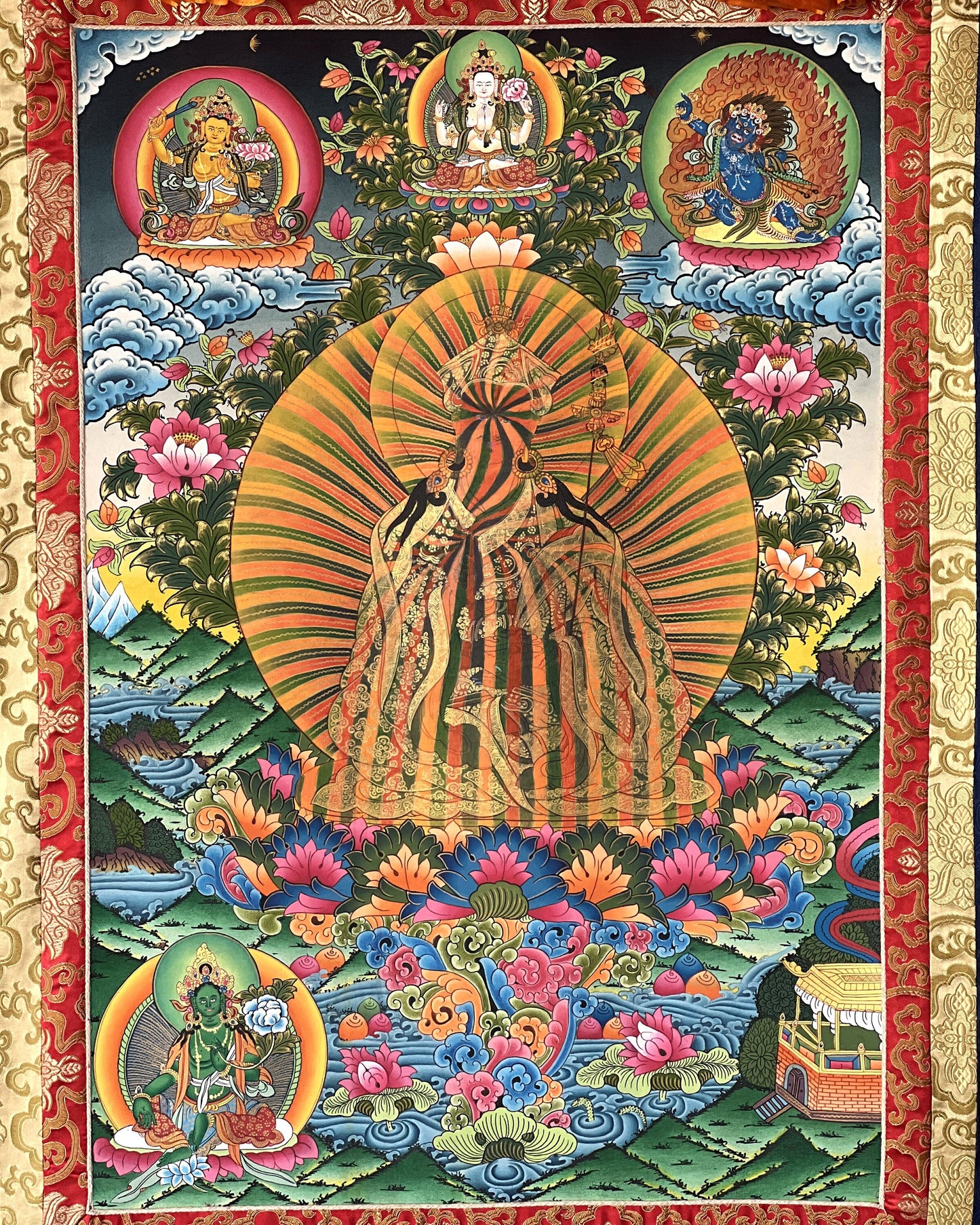 Original Hand-painted Guru Padmasambhava/ Rainbow Body  24 K Gold Large Masterpiece Tibetan Thangka Painting with Traditional Silk Brocade