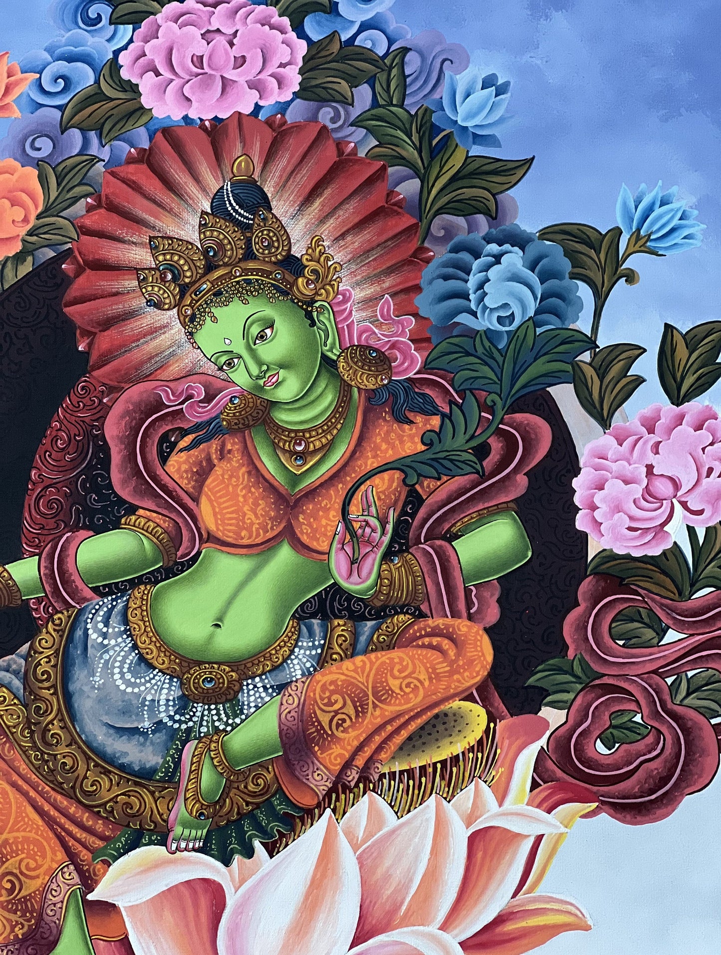 Original Hand-painted Very High-Quality Masterpiece Green Tara/ Shyamtara Newari Pauva/ Paubha/ Thangka Painting Compassion Meditation Art