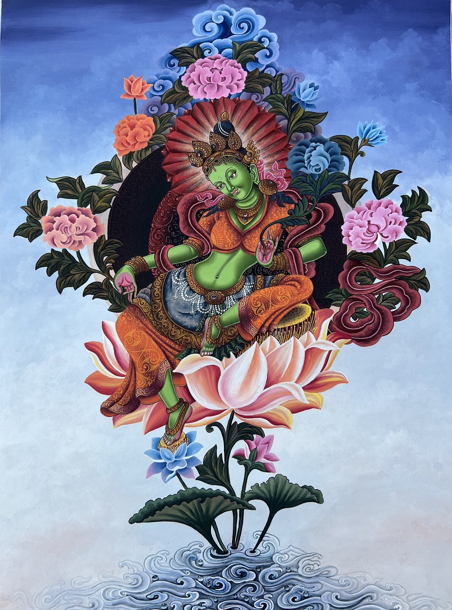 Original Hand-painted Very High-Quality Masterpiece Green Tara/ Shyamtara Newari Pauva/ Paubha/ Thangka Painting Compassion Meditation Art