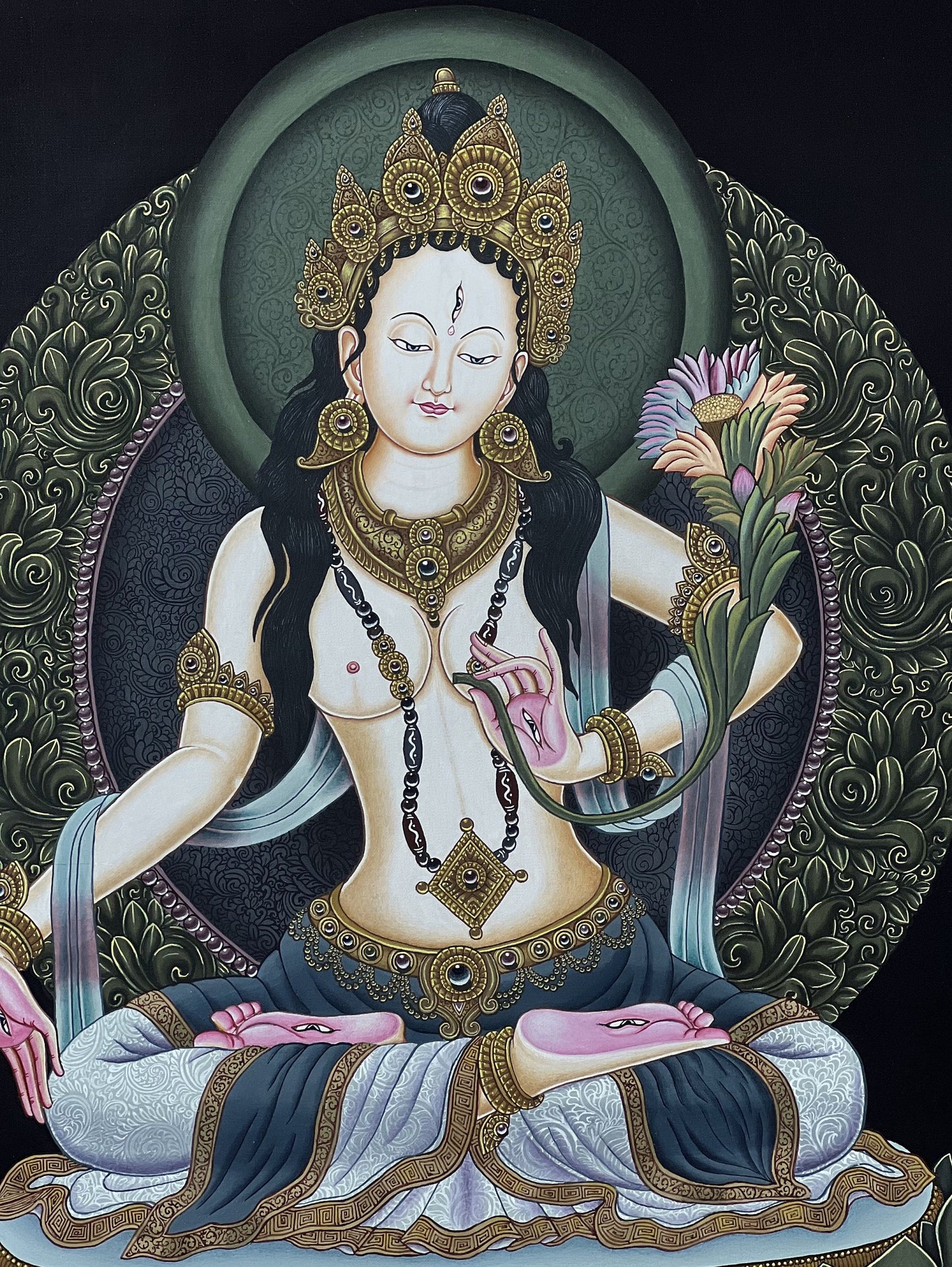 Original Hand Painted White Tara / Mother Tara High-Quality Masterpiece Newari Pauva/ Paubha/ Thangka Painting Compassion Meditation Art