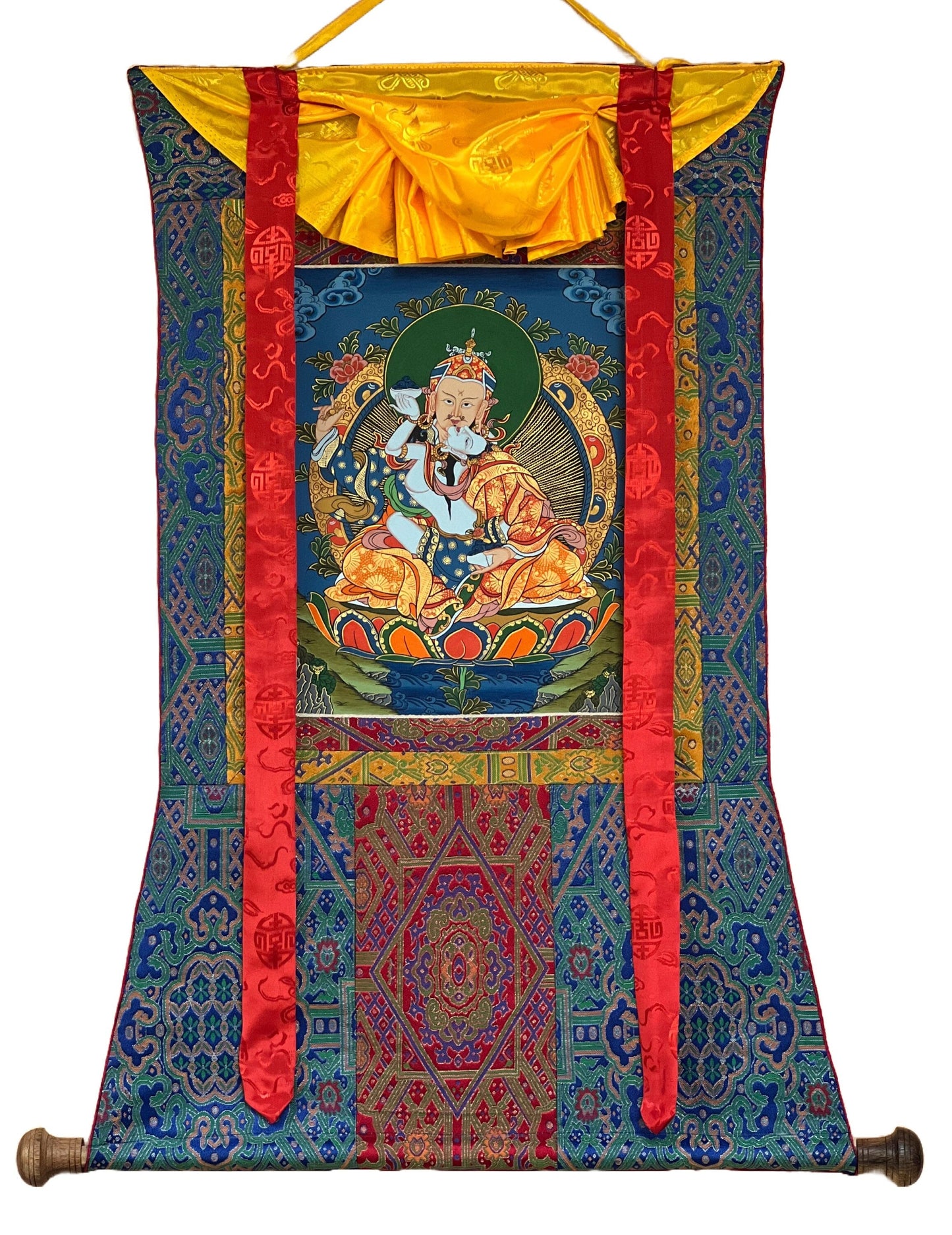 Hand-painted Padmasambhava Guru Shakti Guru Rinpoche, With Consort Mandarava Master Quality Tibetan Thangka Painting with Silk Brocade