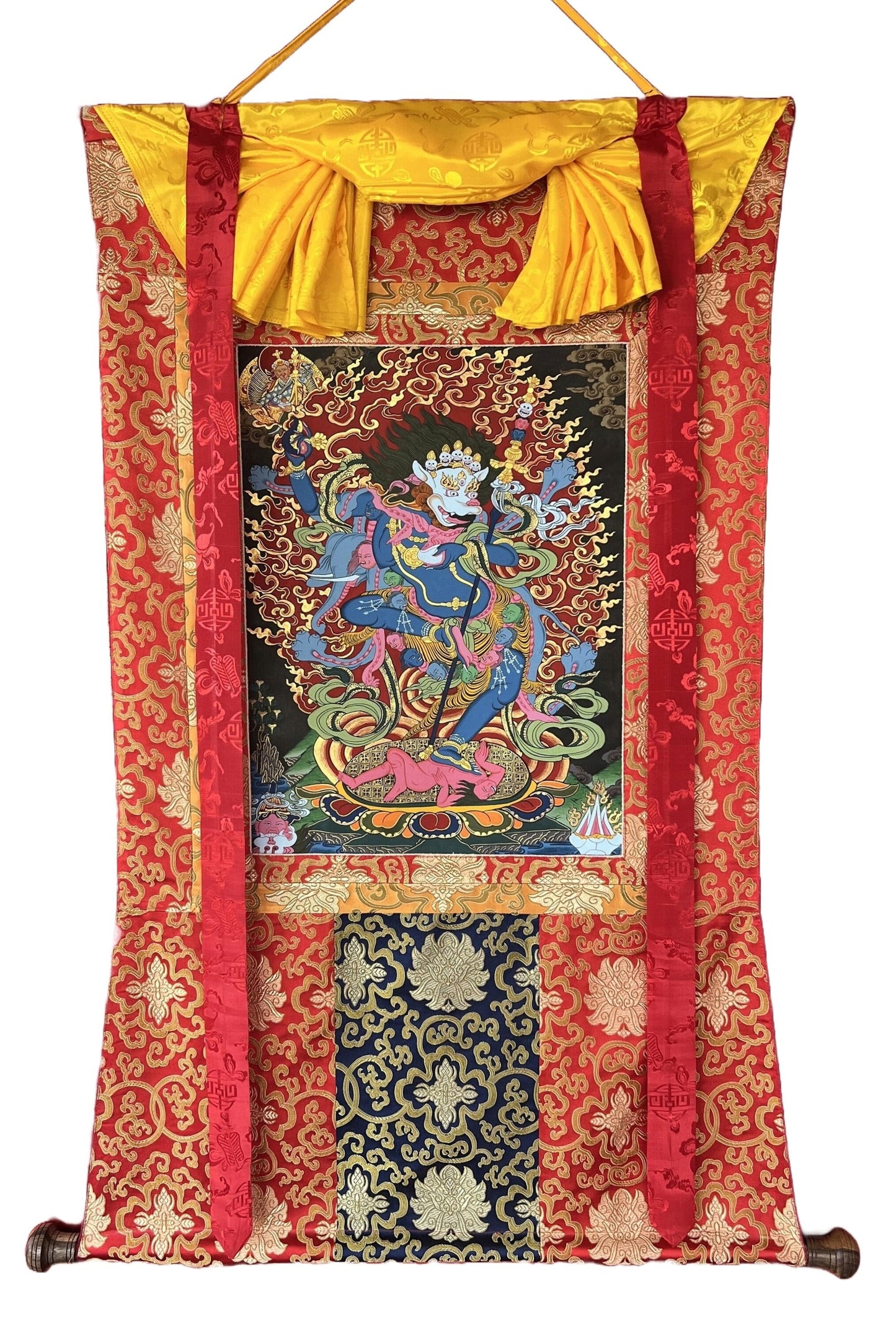 Original Hand-Painted Simhamukhi or Simhamukha Yogini/Lion-Faced Dakini/ Vajrayogini/ Tibetan Thangka Painting with Silk Brocade