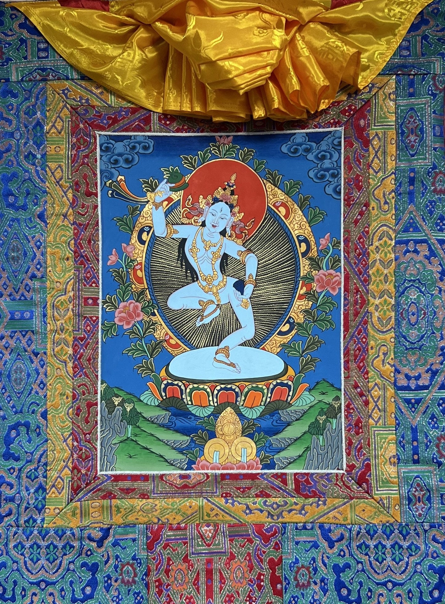 Original Hand-Painted Machig Labdron Tibetan Yogini Thangka Painting Buddhist Art Wall Hanging with Premium Silk Brocade